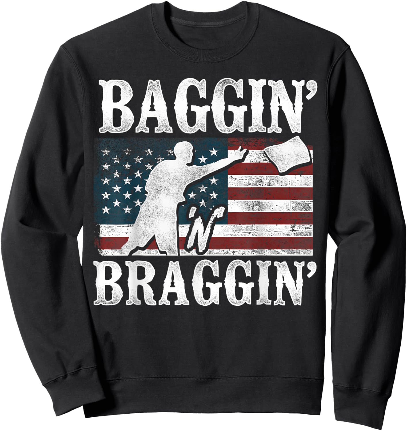 Cornhole Team Bean Bag Player Champ American Flag Baggin' Sweatshirt - Sweatshirt | Black
