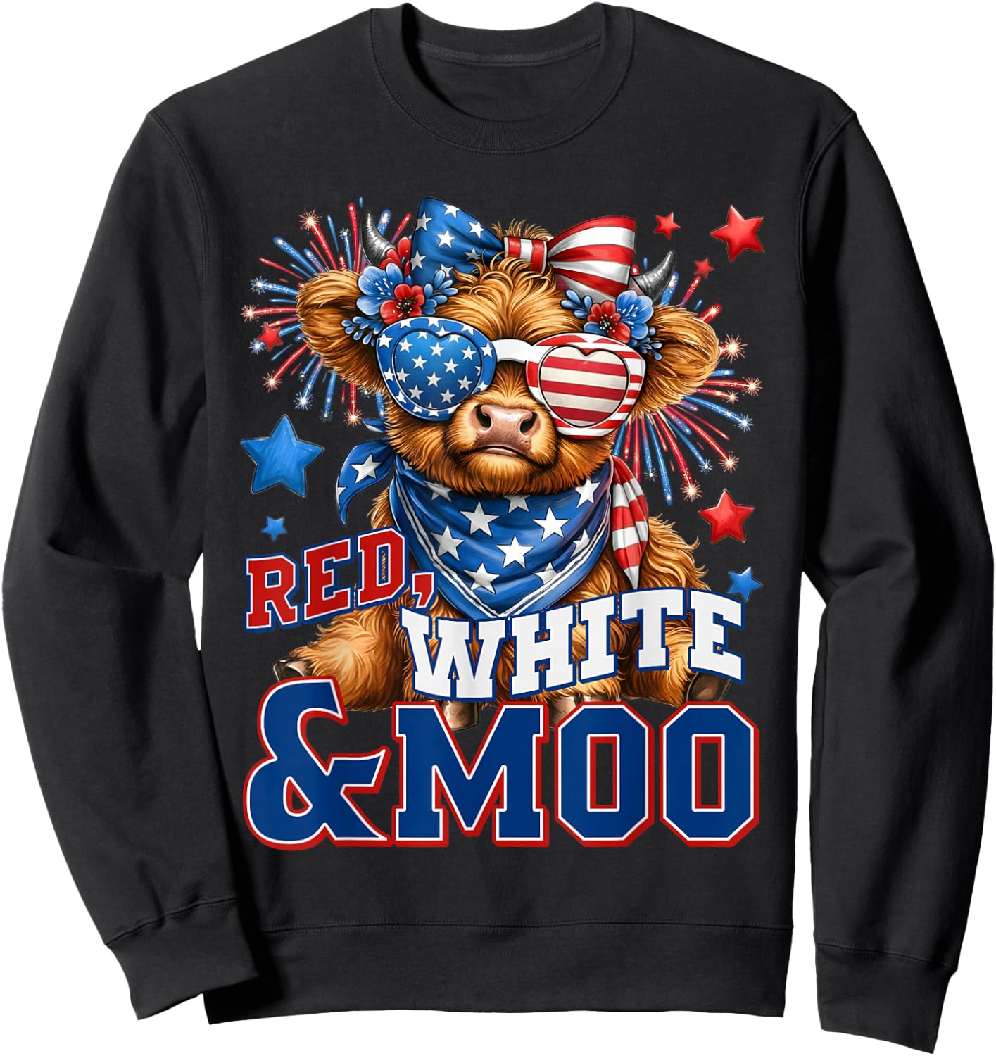 Red White and Moo Cute Highland Cow 4th of July Farmer Sweatshirt - Sweatshirt | Black