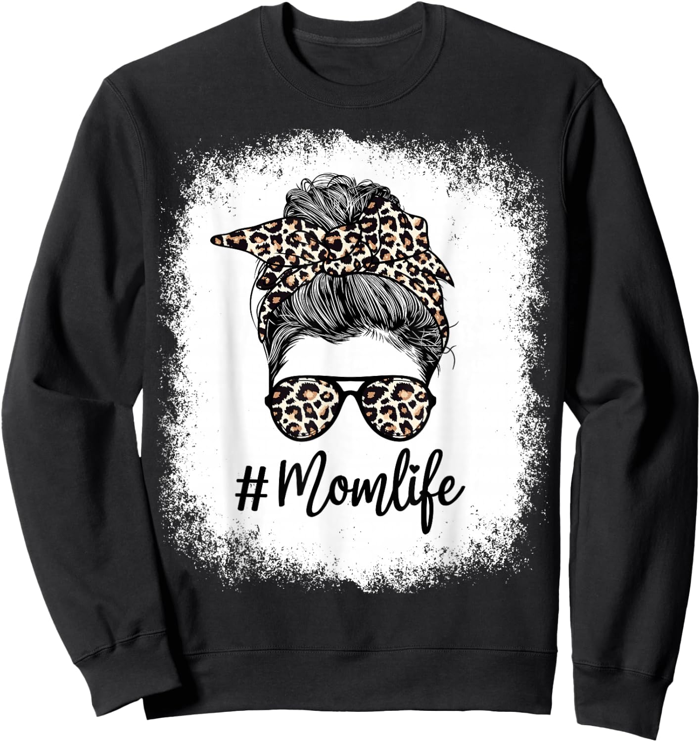 Bleached Mom Life Leopard Messy Bun Hair Bandana Glasses Sweatshirt - Sweatshirt | Black