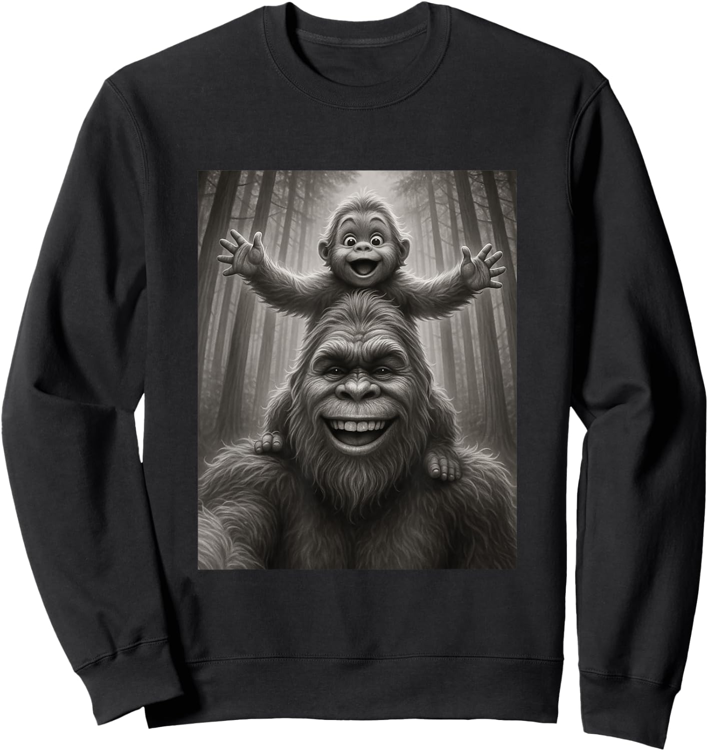 Funny Father Bigfoot Sasquatch and His Kid Happy Fathers Day Sweatshirt - Sweatshirt | Black