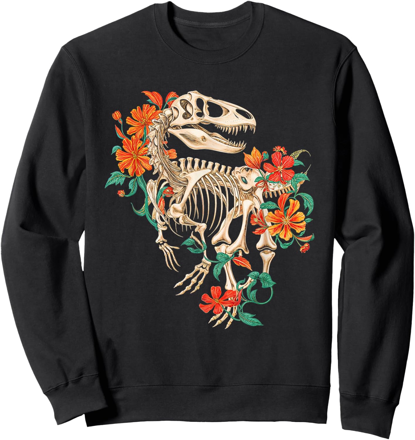 Rex Skeleton Dinosaur Flowers Dino Skeleton Nature Sweatshirt - Sweatshirt | Black