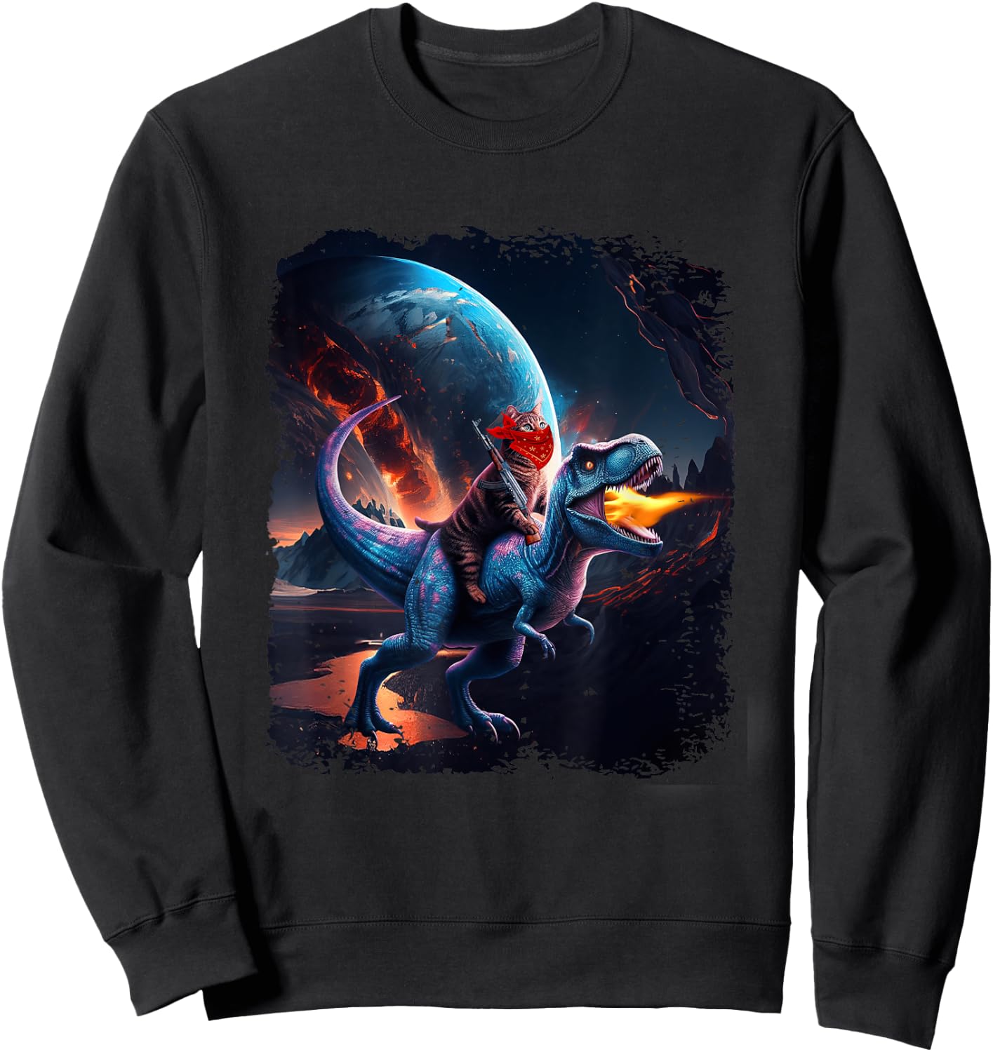 Chat chevauchant un dinosaure T-Rex Image Like Galaxy Cat Sci-Fi Sweatshirt - Sweatshirt | Black