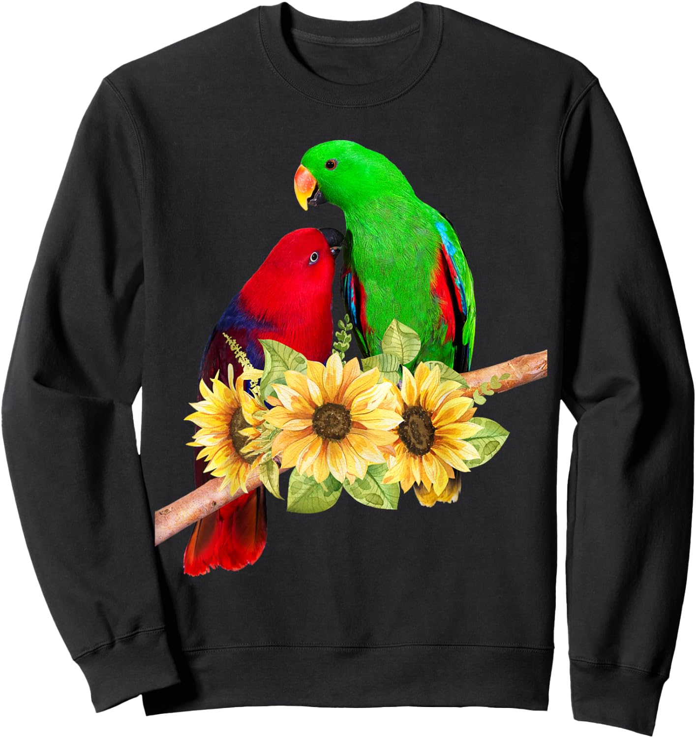 Pair of Eclectus Parrots Male Female behind sunflowers Sweatshirt - Sweatshirt | Black