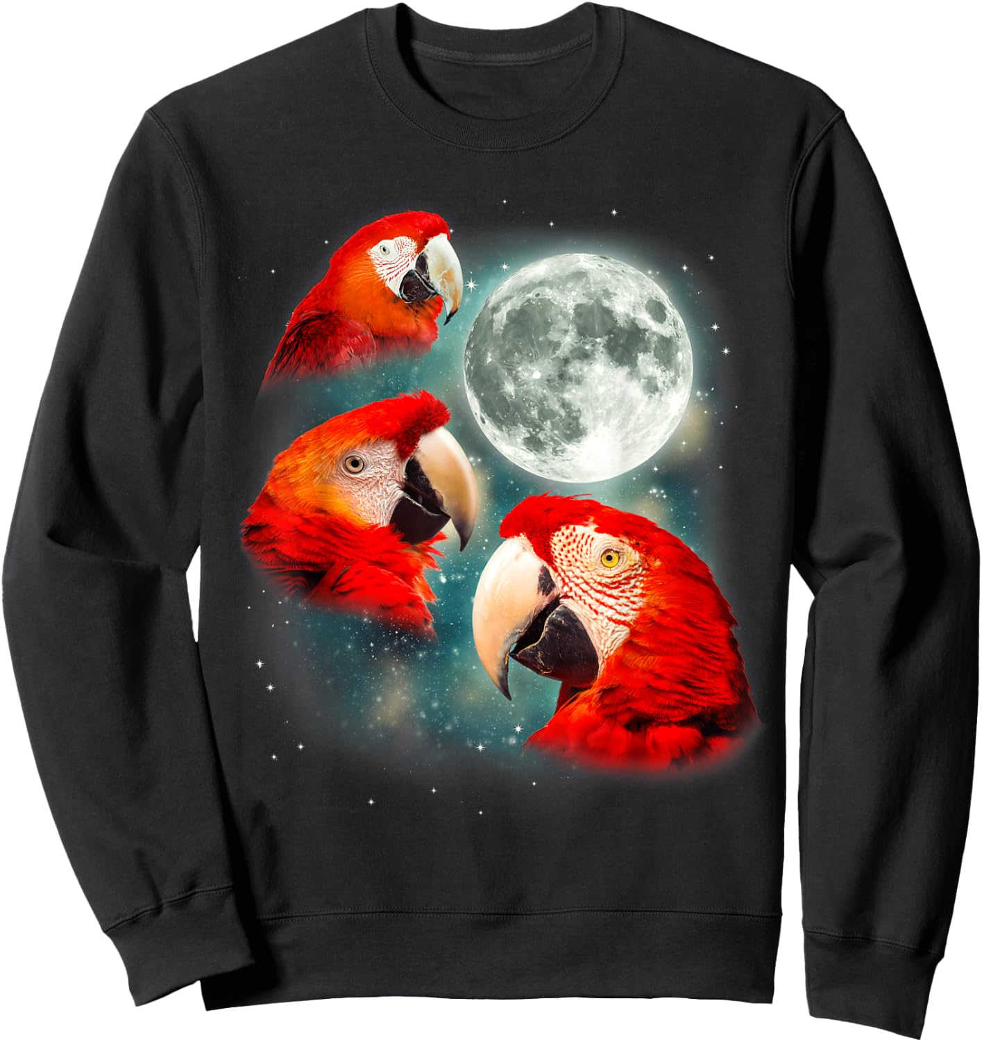 Three Parrot Moon | 3 Tropical Bird Exotic Parakeet Parody Sweatshirt - Sweatshirt | Black