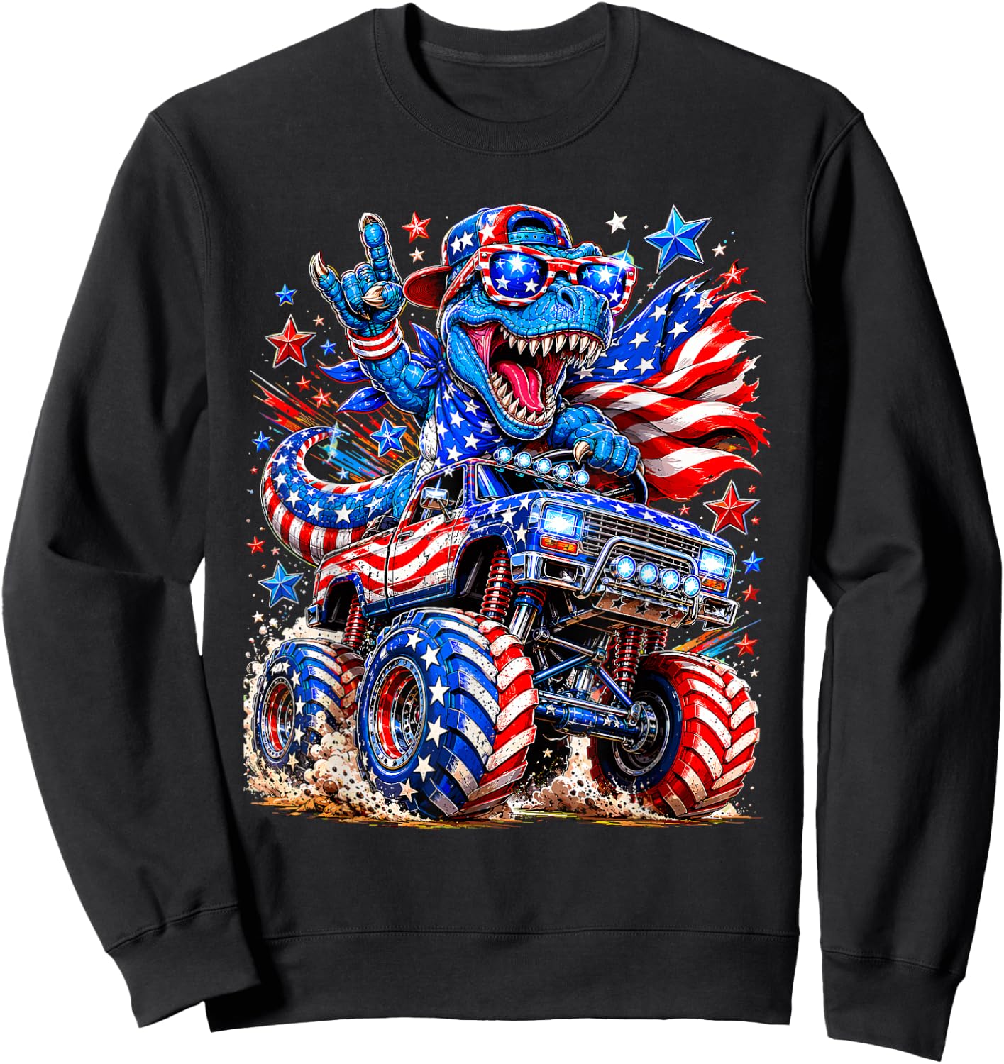 T Rex 4th of July Dinosaur American Flag USA Patriotic Sweatshirt - Sweatshirt | Black
