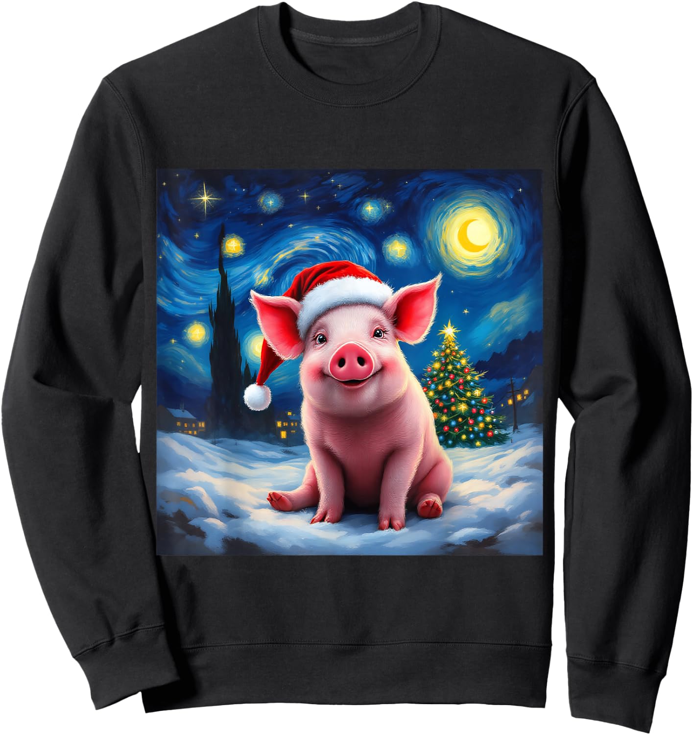 Pig Santa Hat Christmas Van Gogh Starry Night Holiday Sweatshirt - Sweatshirt | Black
