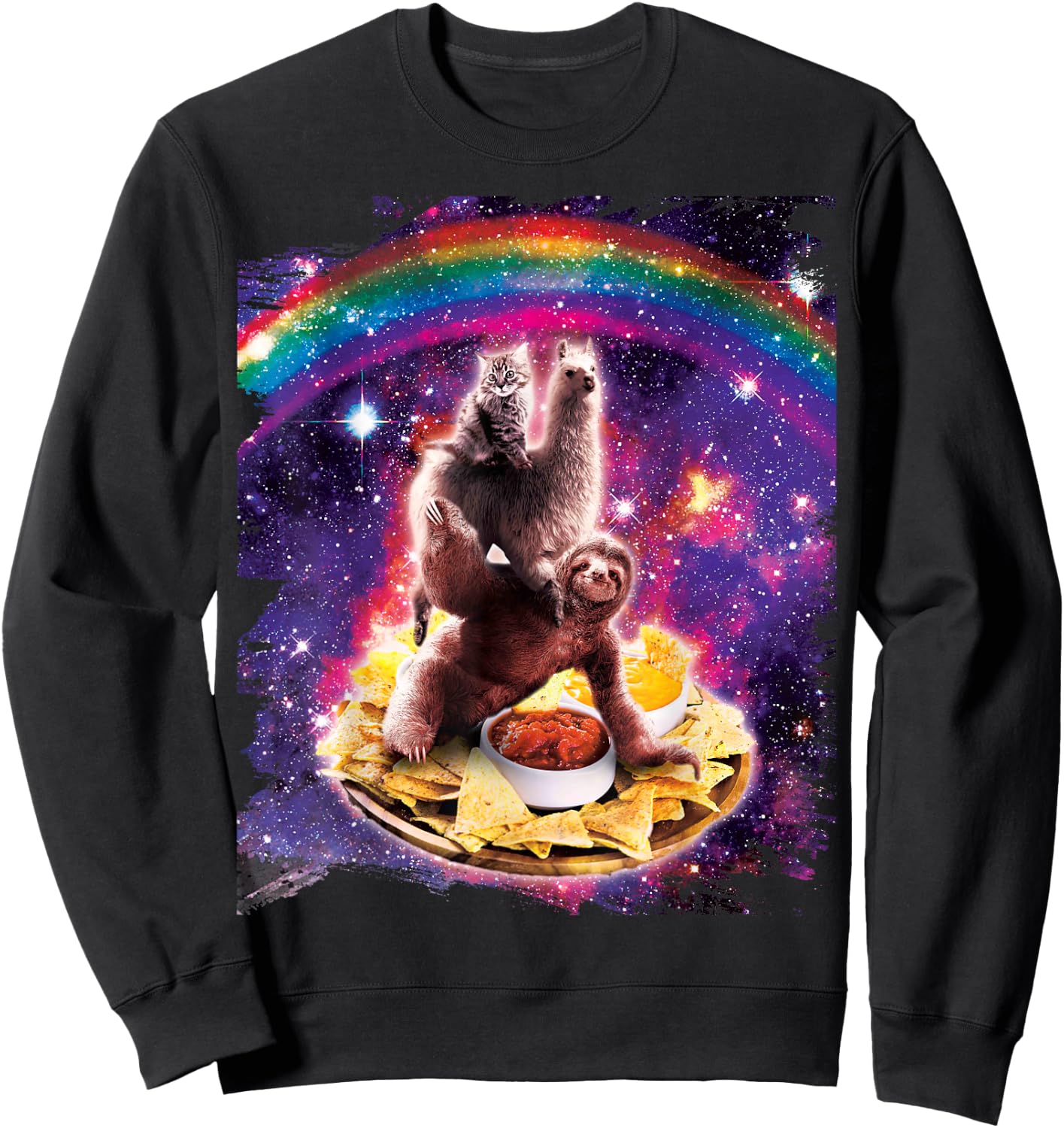 Space Cat Lama Sloth Riding Nachos Sweatshirt - Sweatshirt | Black