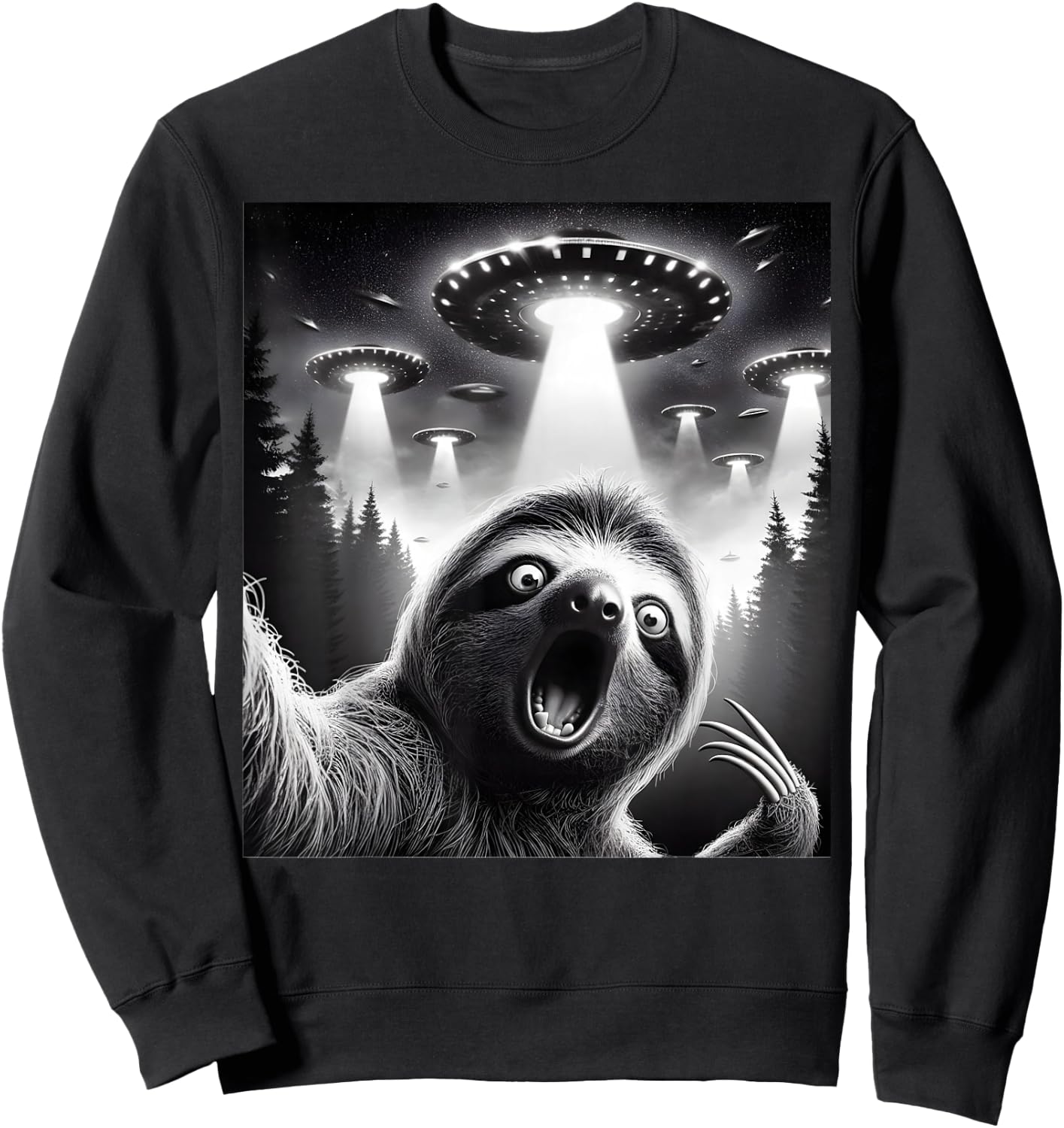 Sloth Selfie With UFO Alien Funny Sloth Lover Sweatshirt - Sweatshirt | Black