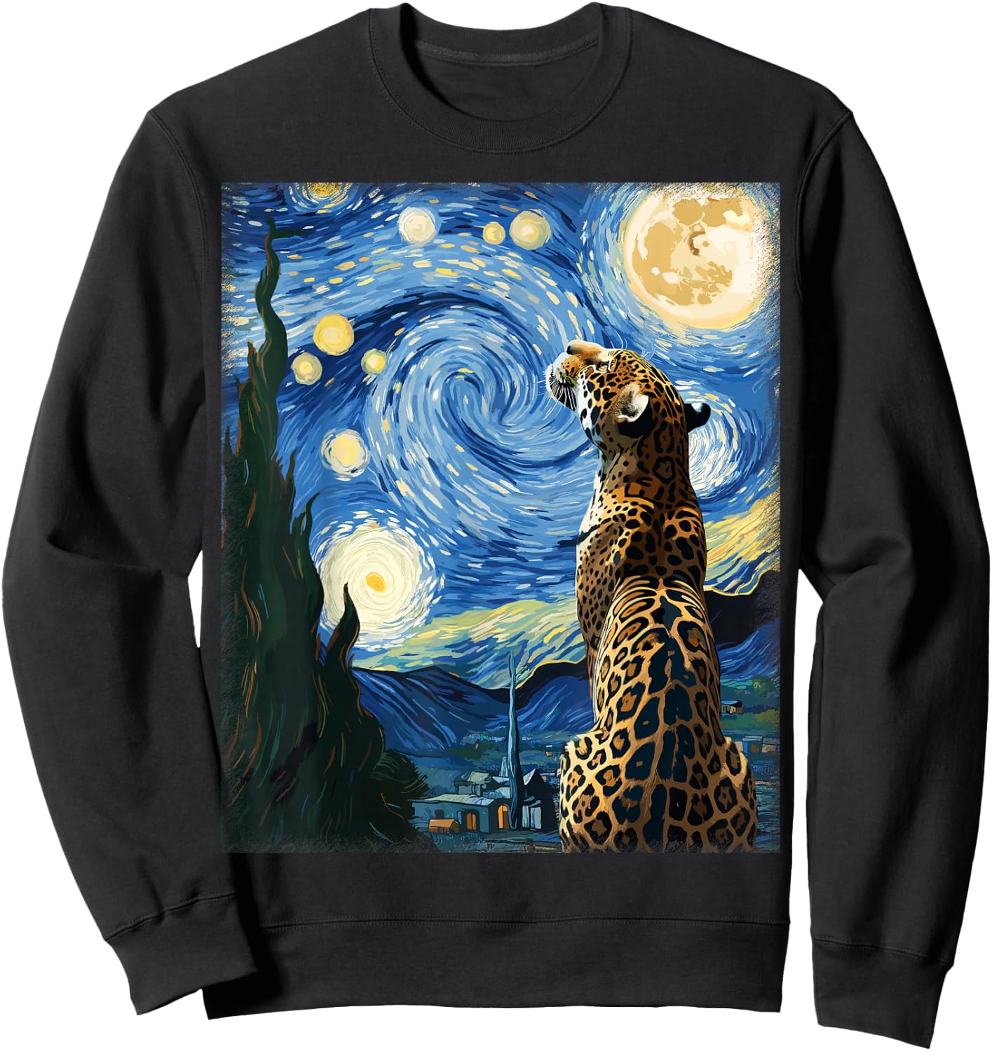 Artistic Jungle Animal Van Gogh Style Starry Night Jaguar Sweatshirt - Sweatshirt | Black