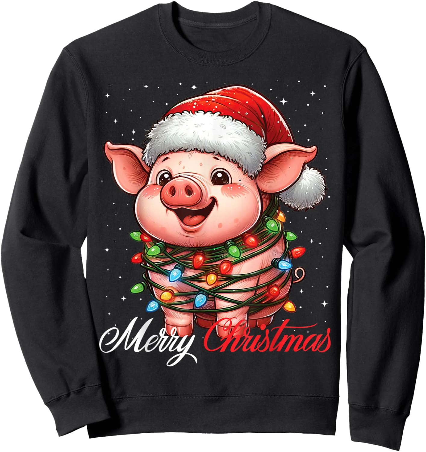 Pig Merry Christmas Lights Santa Hat Xmas Snow Sweatshirt - Sweatshirt | Black