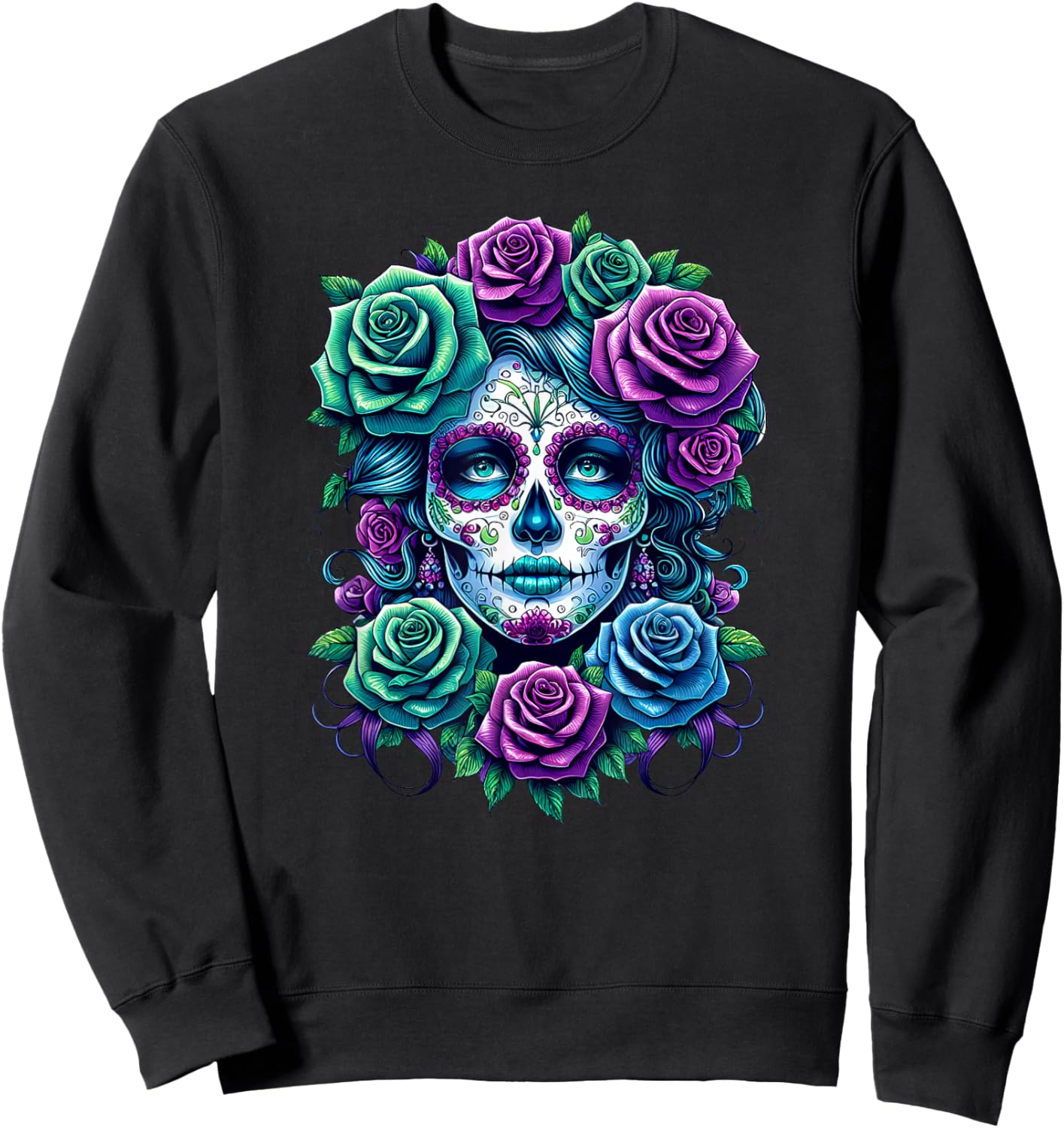 Dia de Muertos Cinco de Mayo Sugar Skull Women Flowers Roses Sweatshirt - Sweatshirt | Black