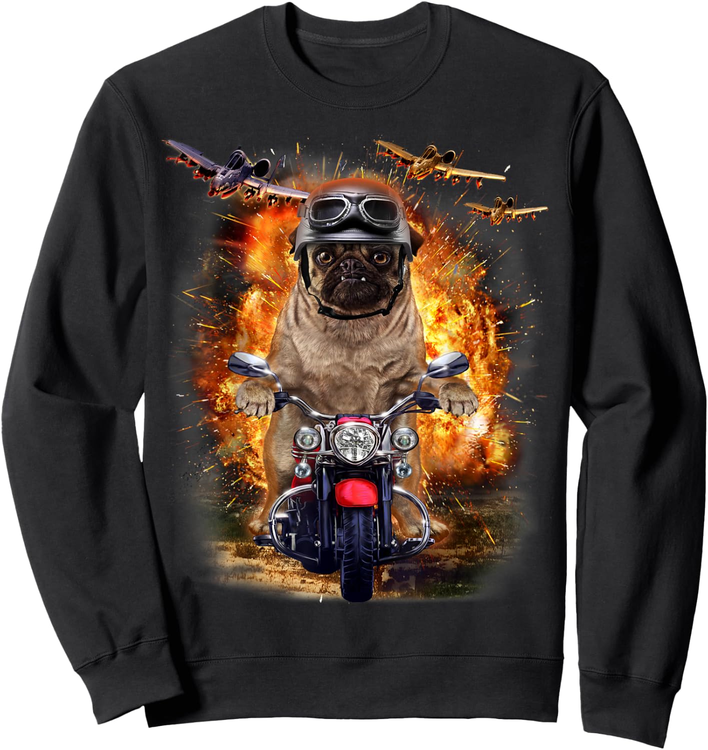 Grumpy Pug Dog Ride Motorcycle Through Battle Men Women Kids Sweatshirt - Sweatshirt | Black