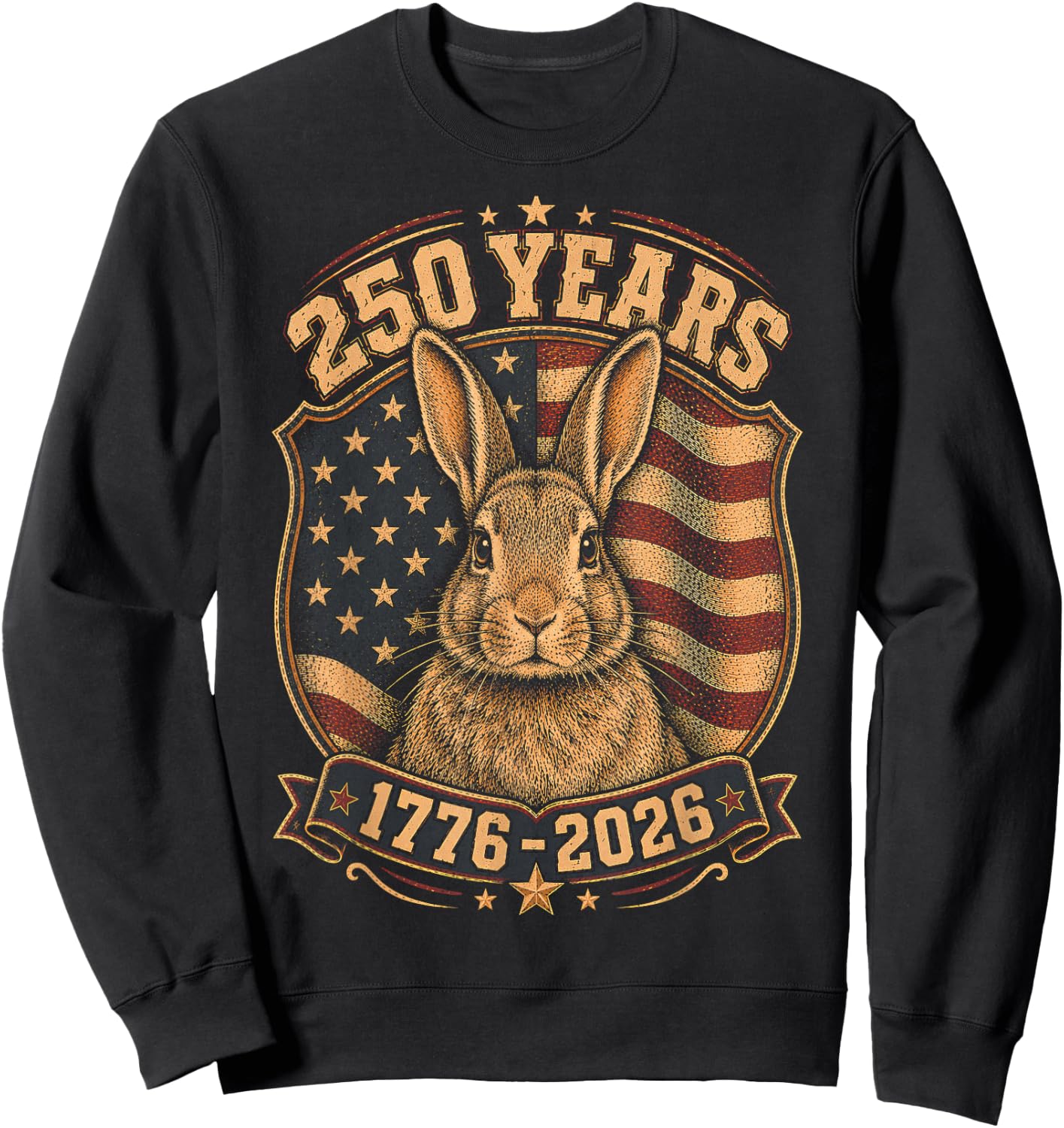 250th Anniversary USA 2026 American Flag Patriotic Rabbit Sweatshirt - Sweatshirt | Black