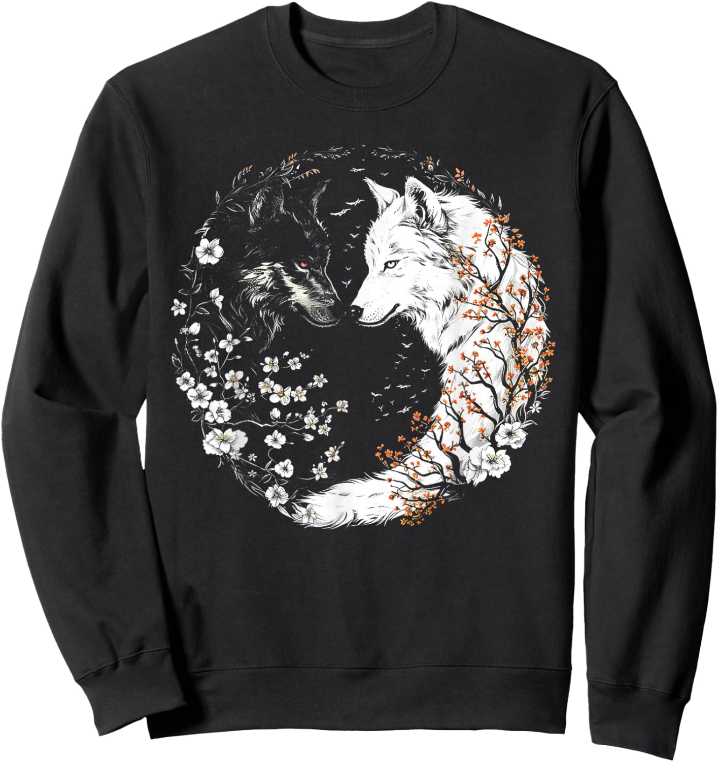 Yin Yang Of White And Black Wolves With Flower Wolf Lover Sweatshirt - Sweatshirt | Black