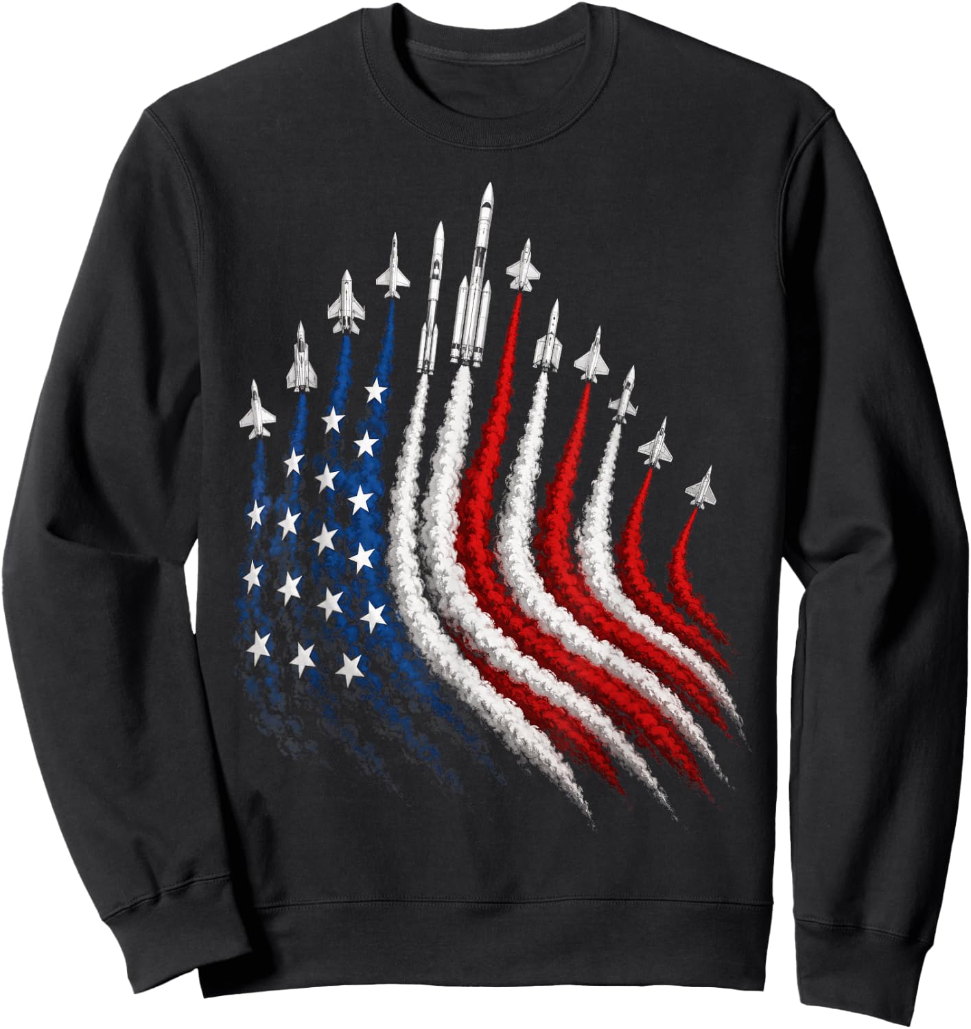 4th of July Space Rockets Patriotic USA Smoke Trail Sweatshirt - Sweatshirt | Black