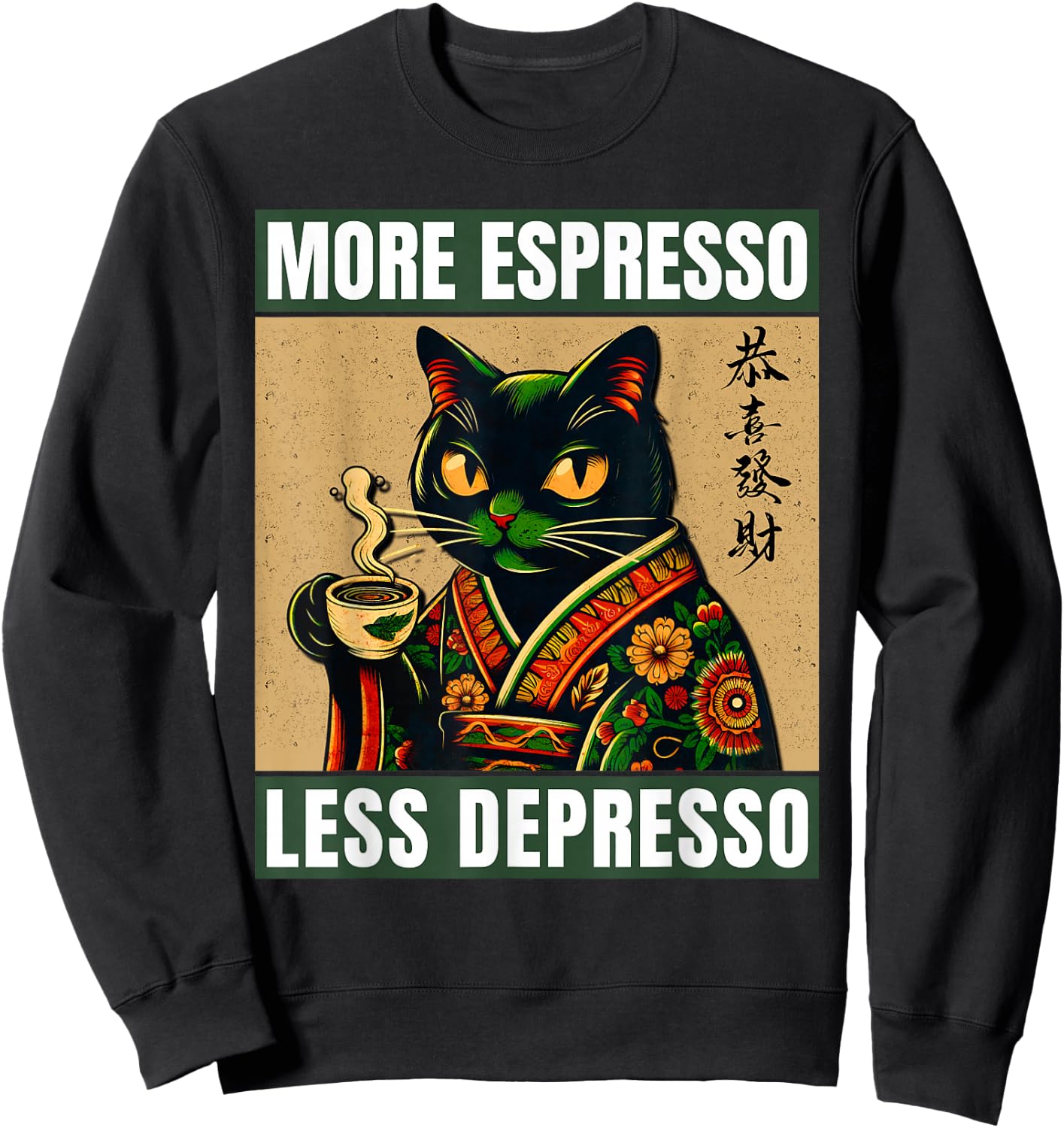 More Espresso Less Depresso Japanese Funny Cat Sweatshirt - Sweatshirt | Black