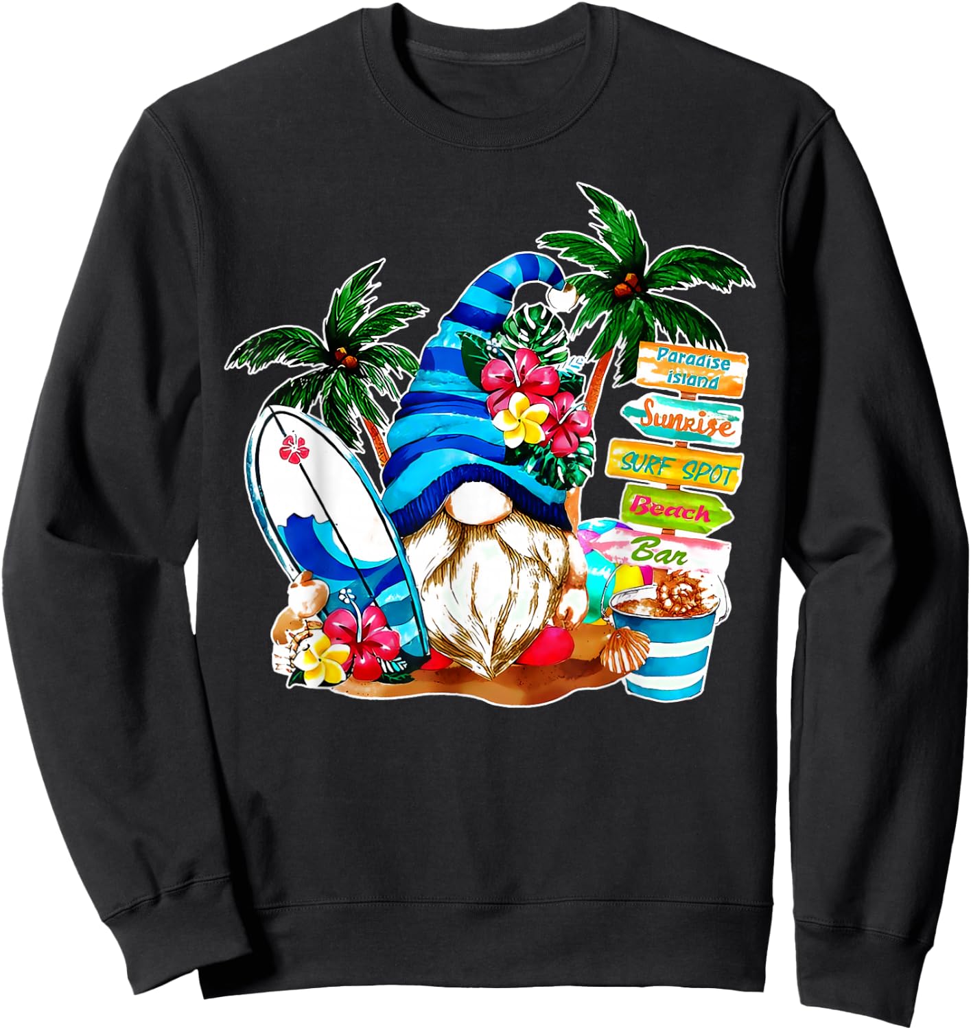 Holiday Beach Gnome Flower Palm Tree Surf Vacation Gnomies Sweatshirt - Sweatshirt | Black