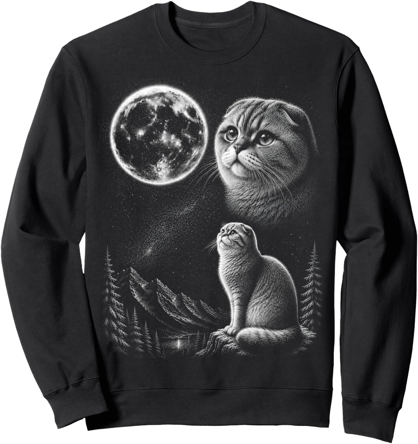 Scottish Fold Cat Howling to the Moon 90's Retro Sweatshirt - Sweatshirt | Black