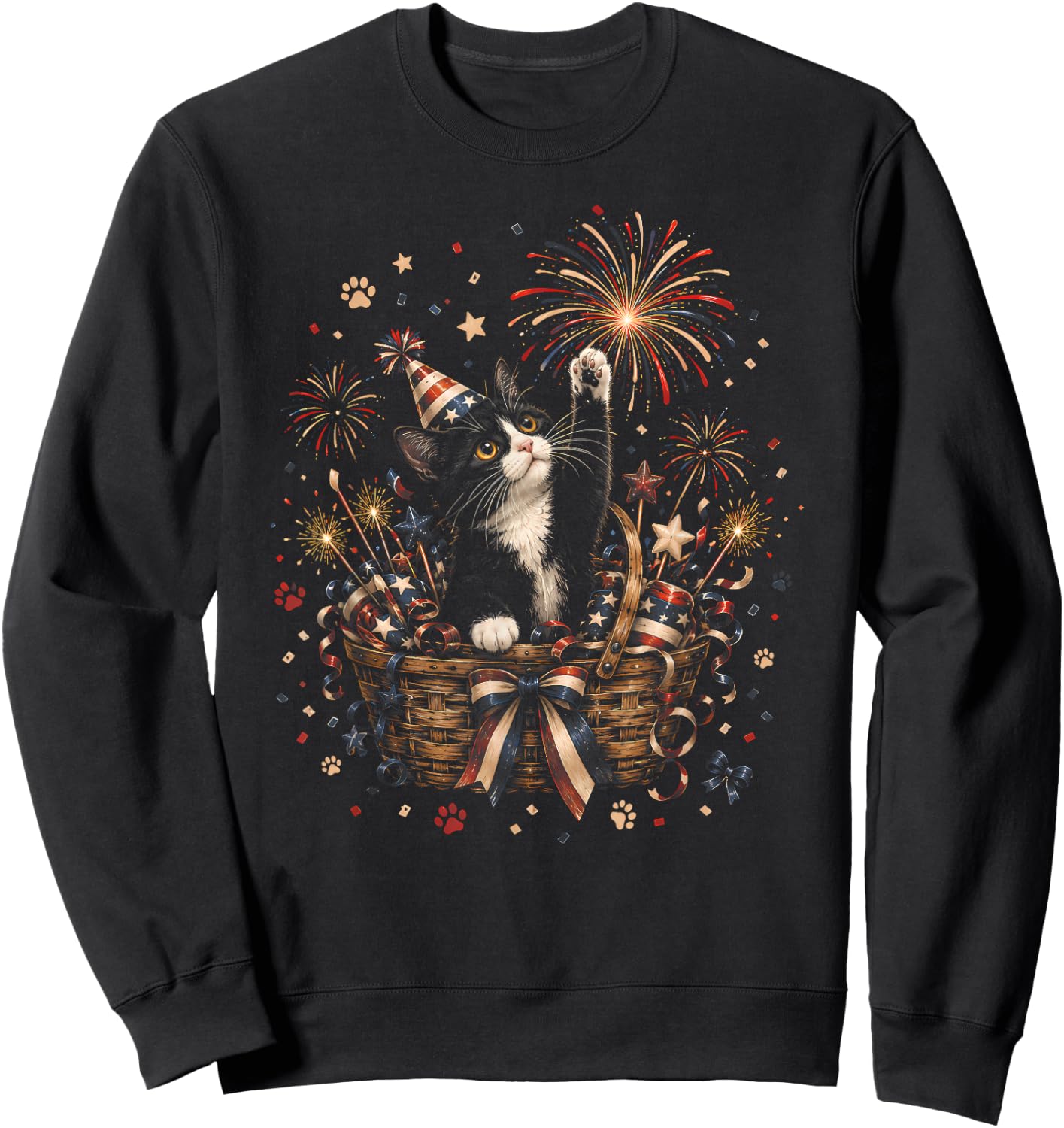 Patriotic Cat 4th of July American Flag Bow Girls Women Sweatshirt - Sweatshirt | Black