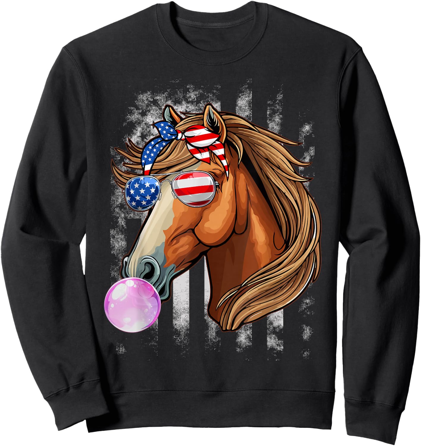 Horse Lovers Racers USA Flag 4th Of July Patriotic Girls Sweatshirt - Sweatshirt | Black
