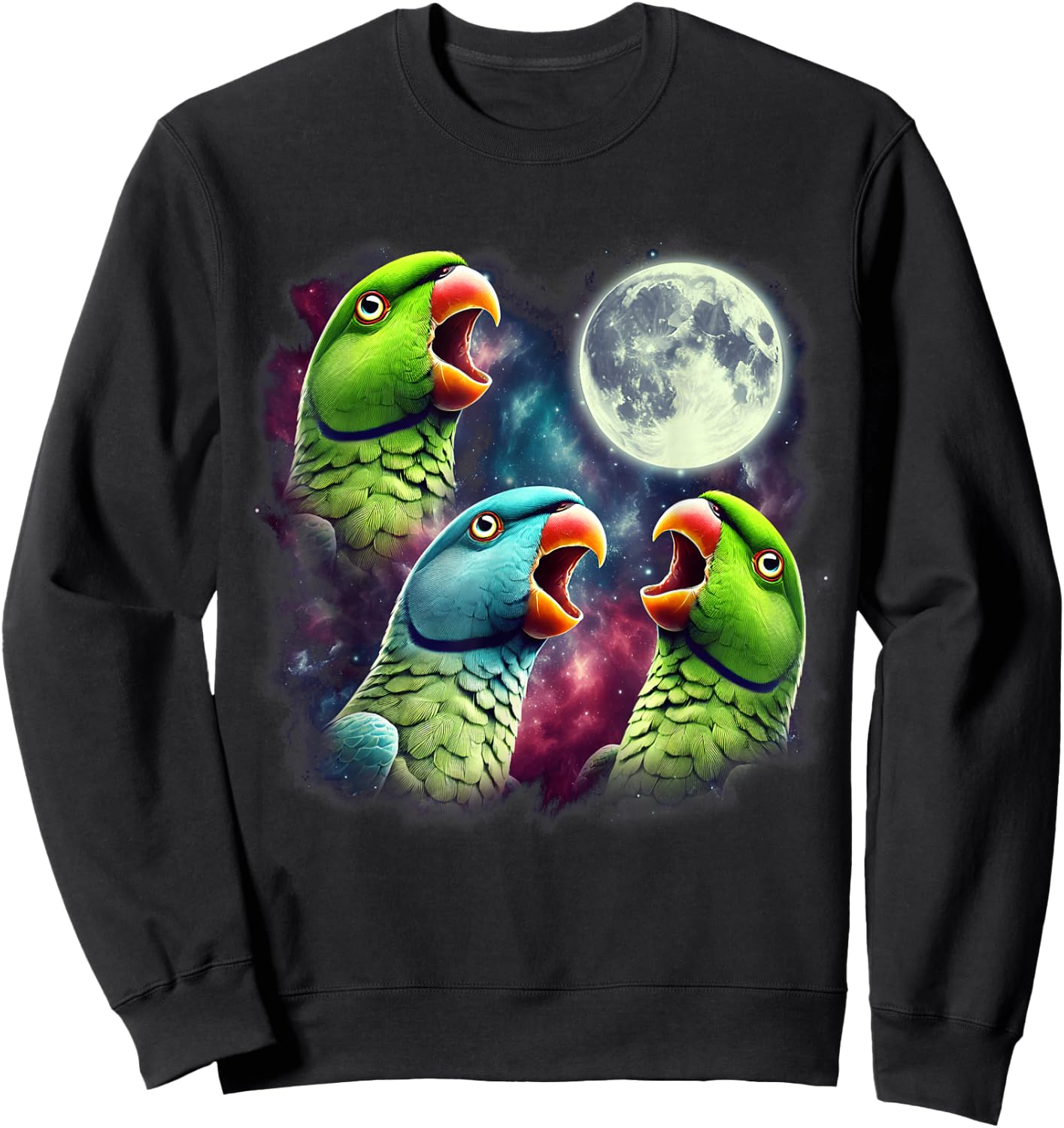 Three Indian Ringneck Parrots Howling at Moon Funny Meme Sweatshirt - Sweatshirt | Black