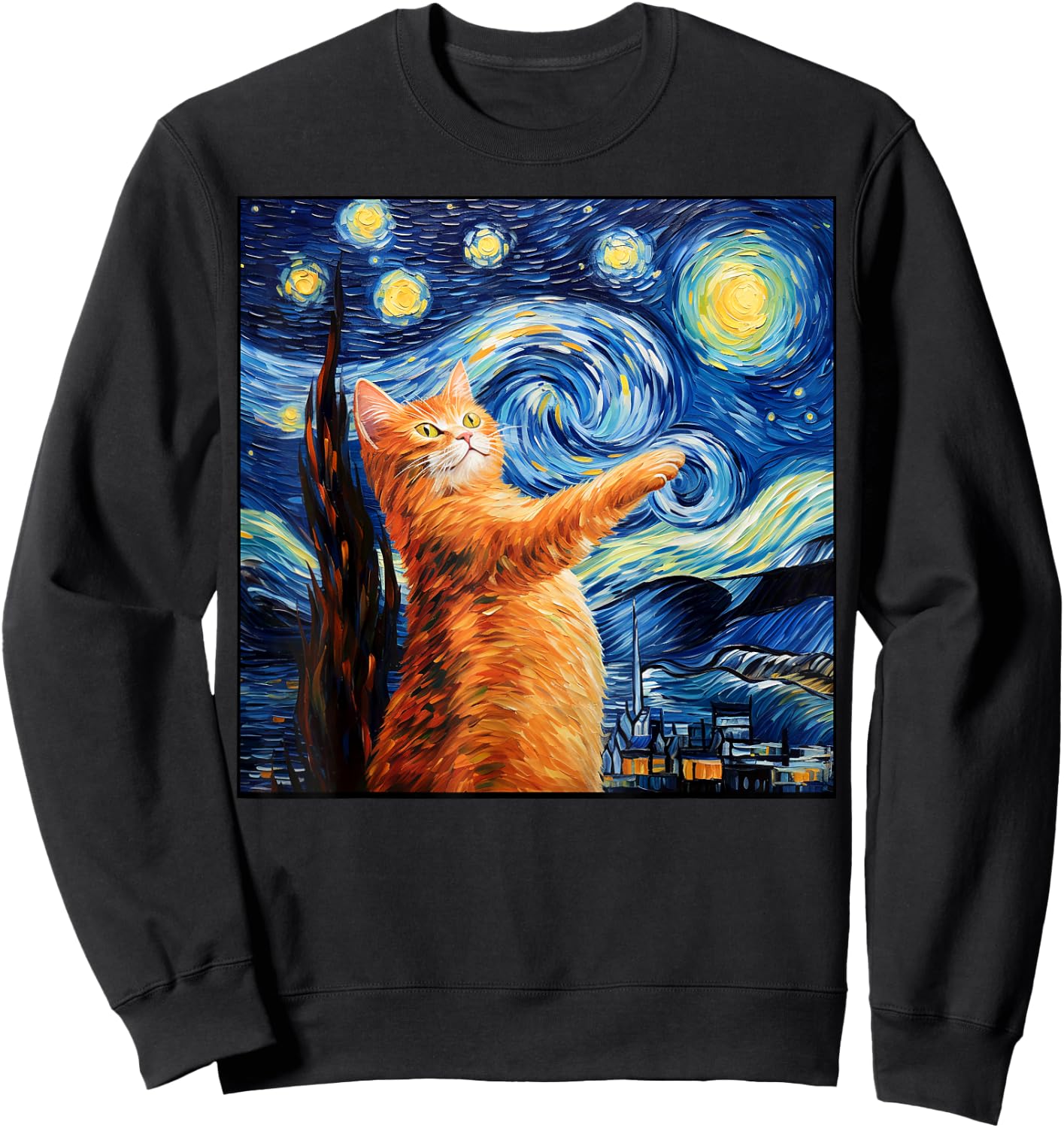 Art Van Gogh Starry Night Cat Painting Cats Lover Mom Dad Sweatshirt - Sweatshirt | Black