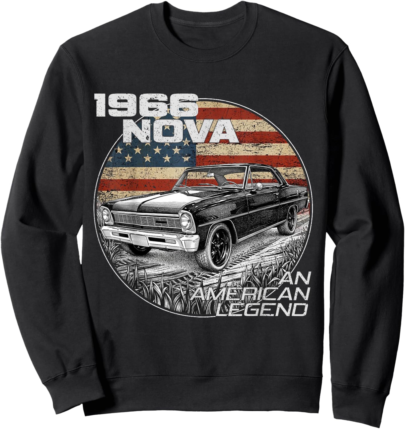 1966 66 Nova Silhouette Muscle Car American Flag Sweatshirt - Sweatshirt | Black