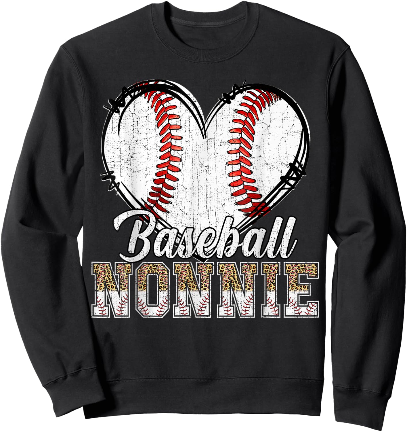 Softball Baseball Nonnie Heart Leopard Print Mother's Day Sweatshirt - Sweatshirt | Black