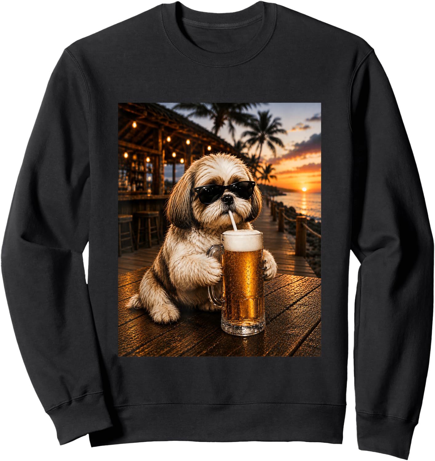 Funny Shih Tzu Drinking Beer Beach Sunset Men Women Sweatshirt - Sweatshirt | Black