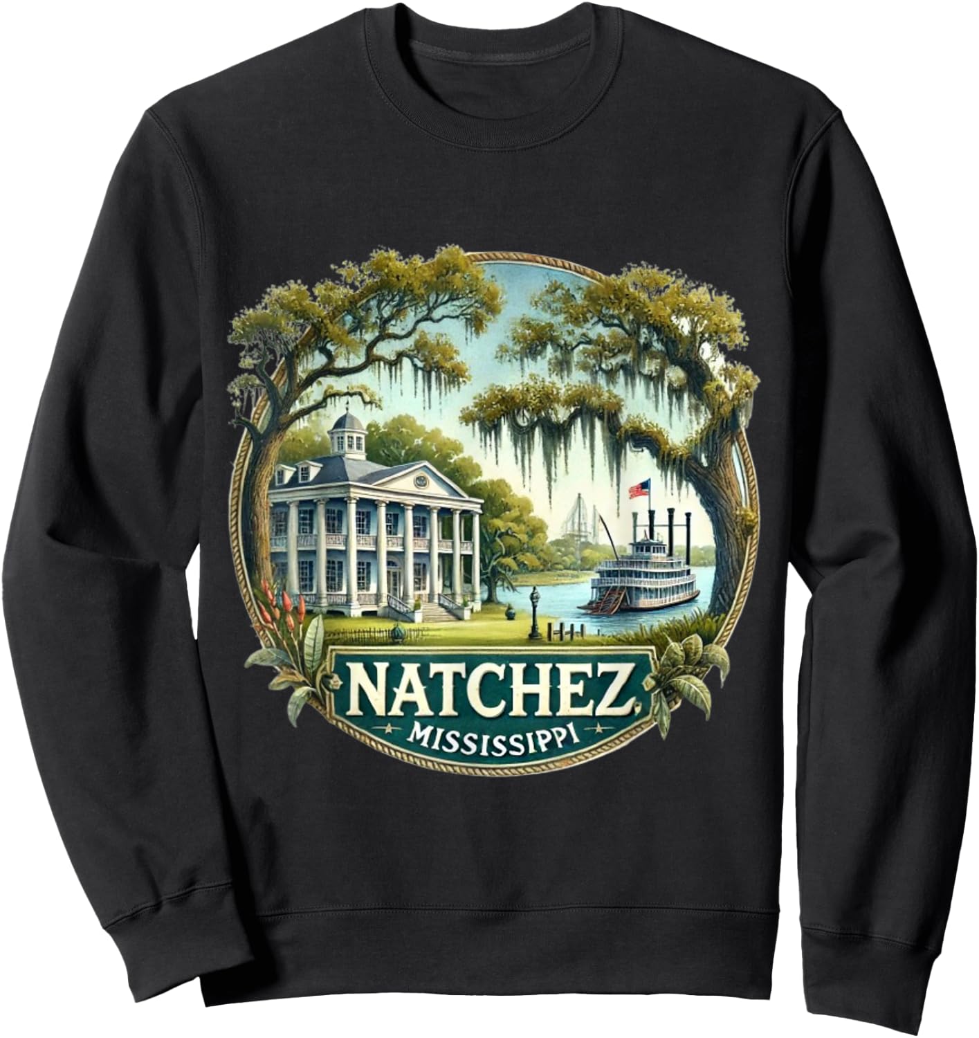 Natchez, MS Mississippi River Boat Plantation Sweatshirt - Sweatshirt | Black