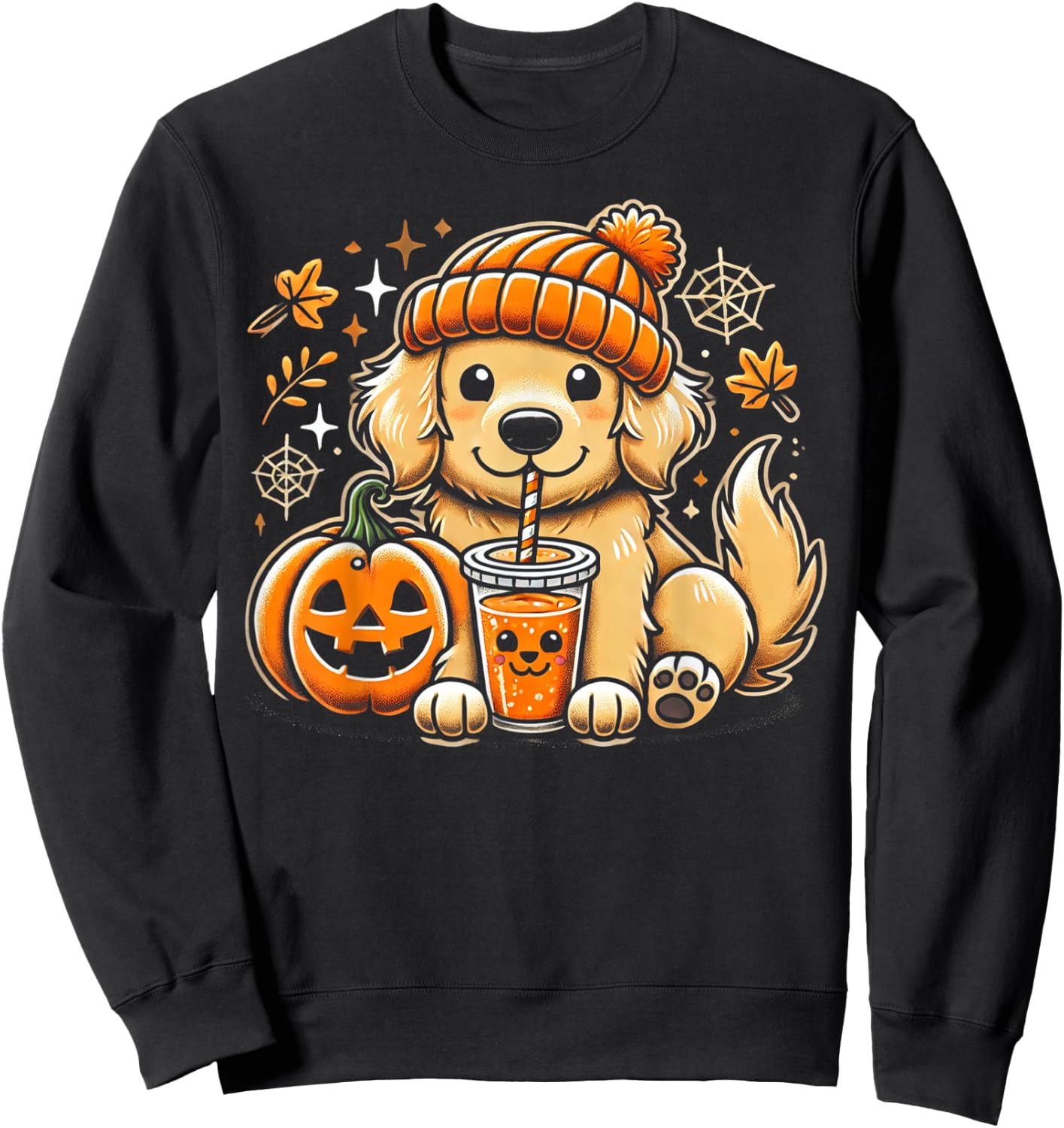 Cute Golden Retriever in Autumn with Pumpkin Drink Sweatshirt - Sweatshirt | Black
