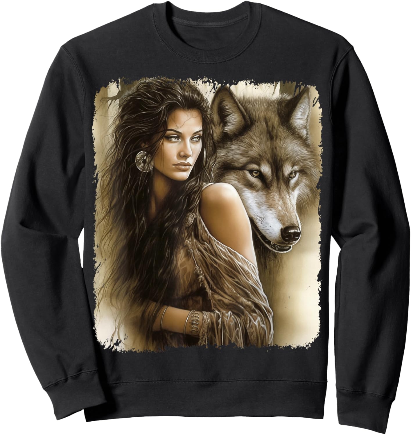 Woman and Grey Wolf Fantasy , black Sweatshirt - Sweatshirt | Black