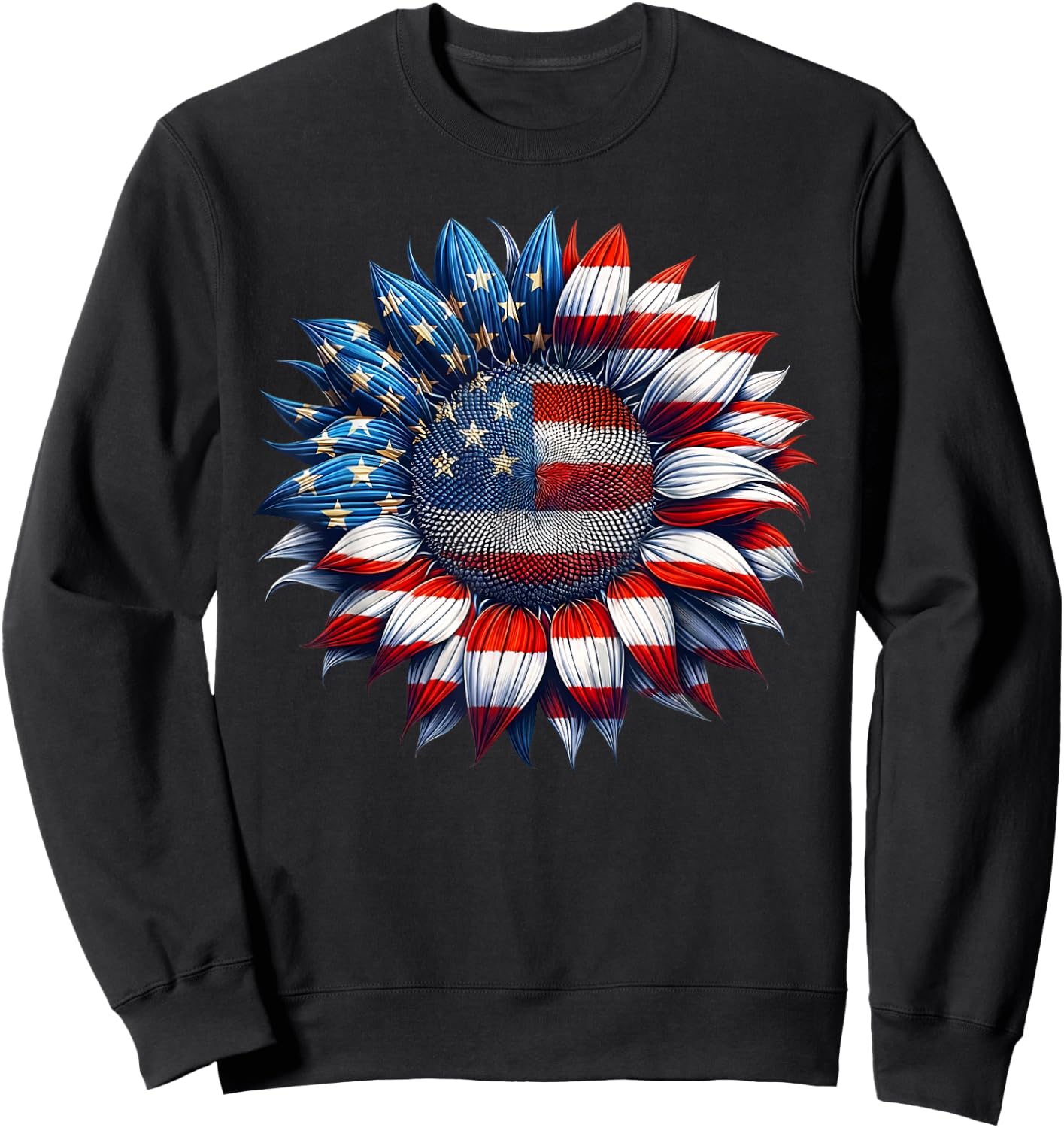 Sunflower American Flag 4th of July Women Men Merica USA Sweatshirt - Sweatshirt | Black