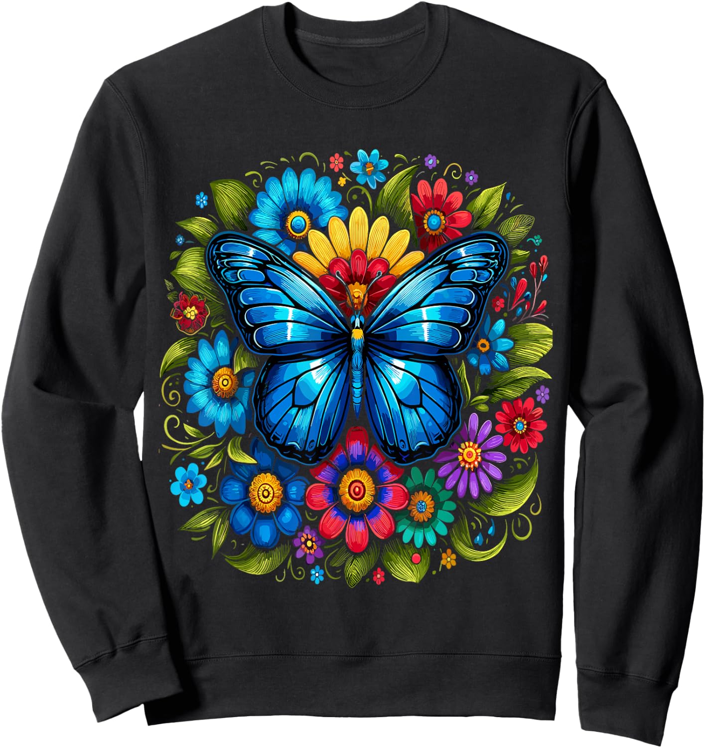 Blue Butterfly With Flowers Garden Beautiful Butterflies Sweatshirt - Sweatshirt | Black