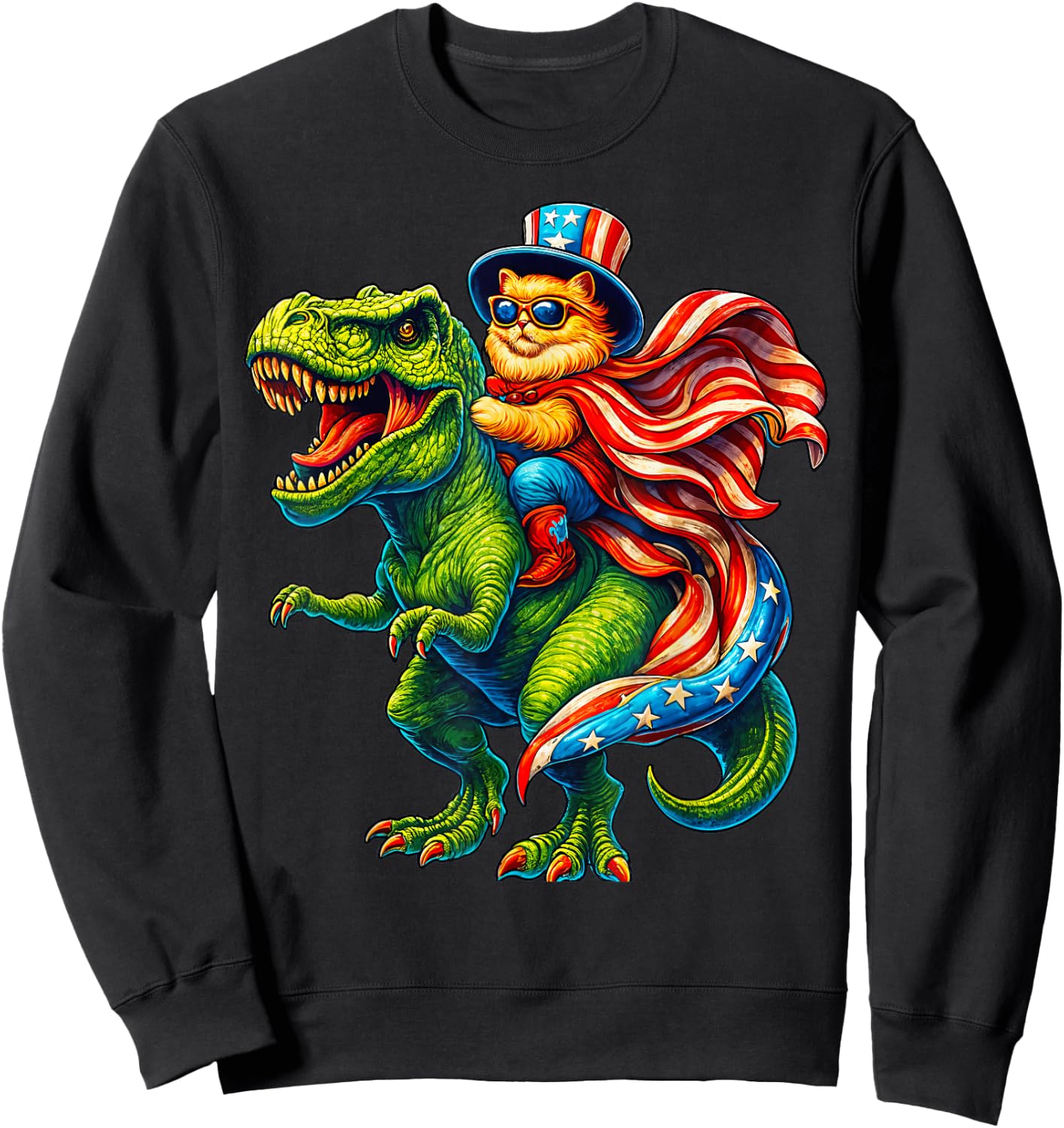 Patriotic Cat Riding T-Rex 4th of July Dinosaur USA Flag Sweatshirt - Sweatshirt | Black