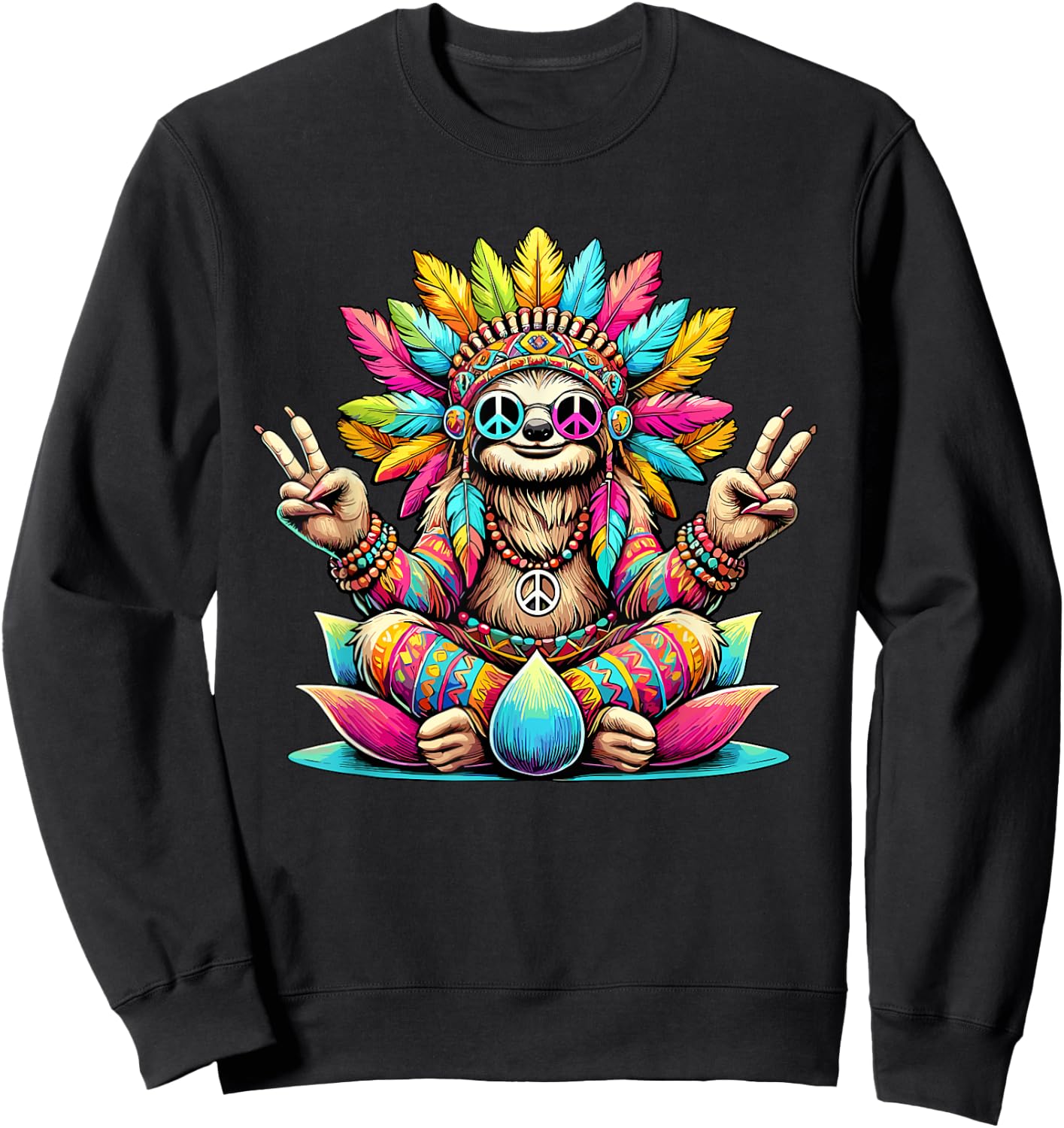 Hippie Sloth, Peace Sign, 70s Party & Costume 60s 70s , Black, S Sweatshirt - Sweatshirt | Black