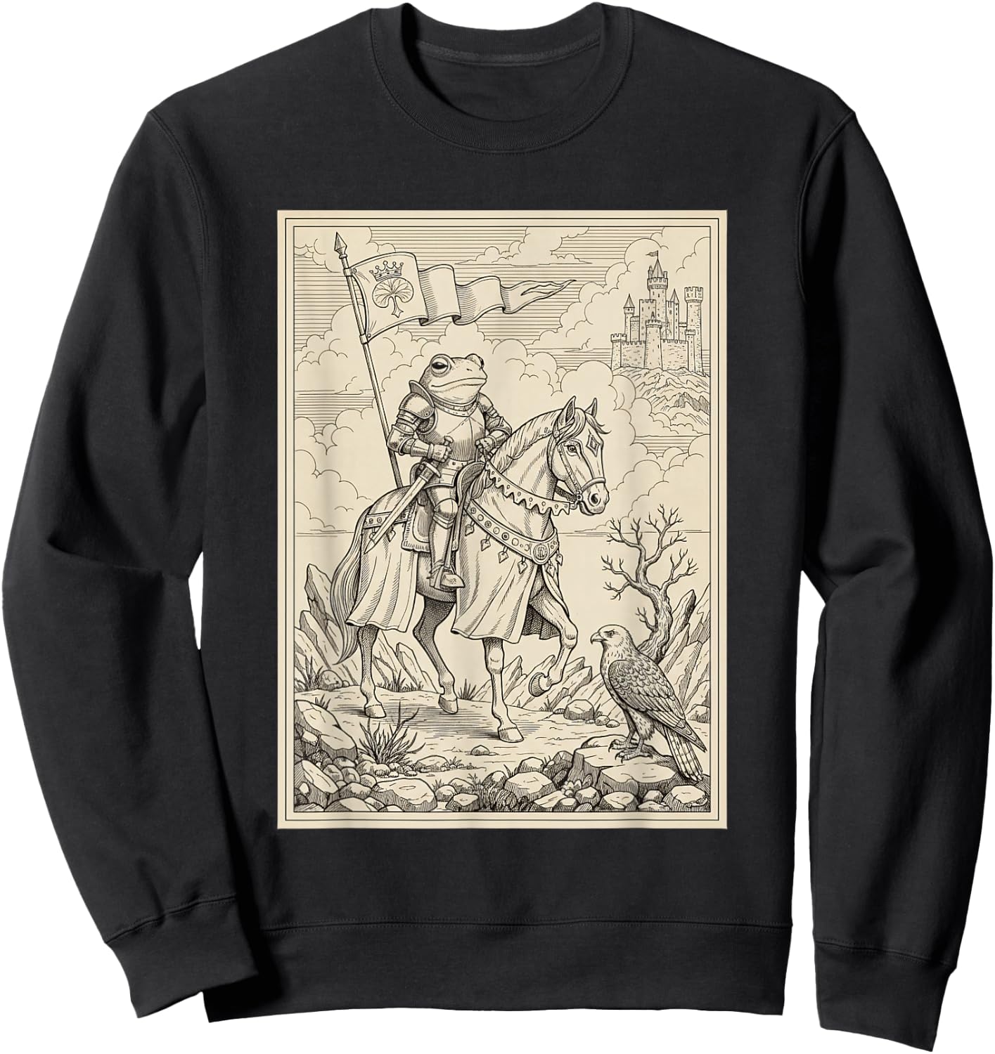 Knight Frog Vintage Illustration Medieval Castle Fantasy Sweatshirt - Sweatshirt | Black