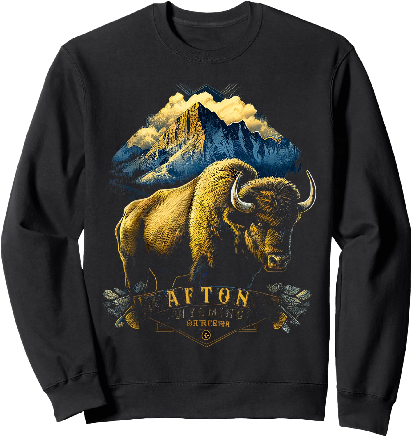 Vintage Afton Wyoming Mountains Bison Western Sweatshirt - Sweatshirt | Black