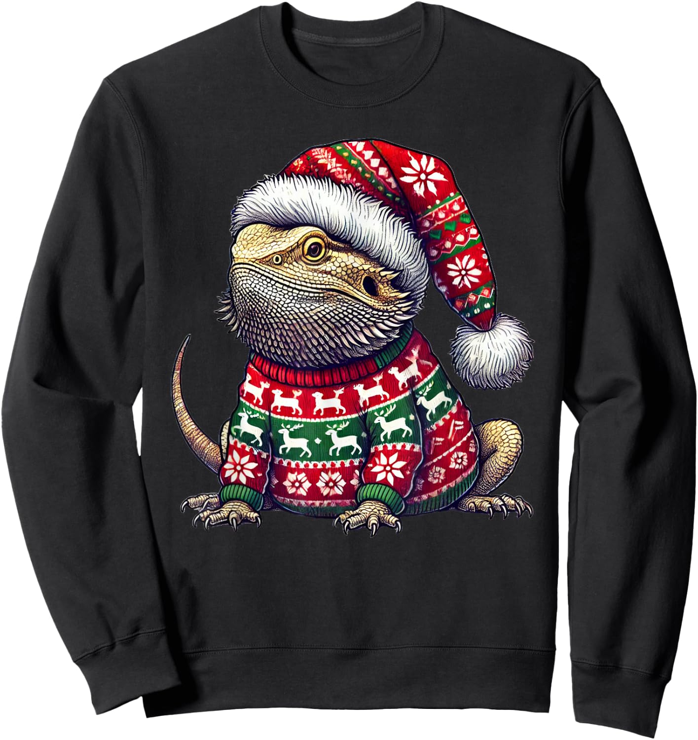 Bearded Dragon Ugly Sweater Santa Hat Christmas Sweatshirt - Sweatshirt | Black