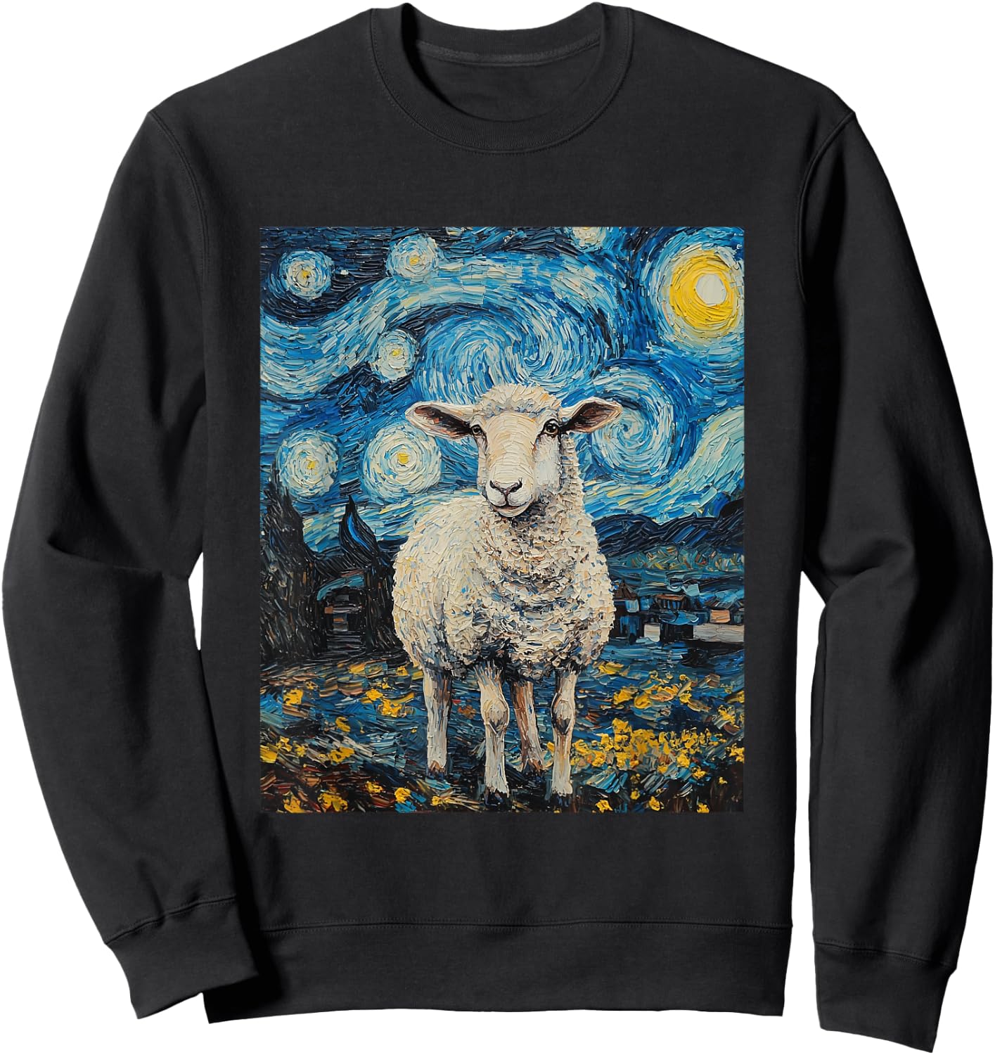 Funny Sheep Van Gogh Style Starry Night Graphic Sweatshirt - Sweatshirt | Black