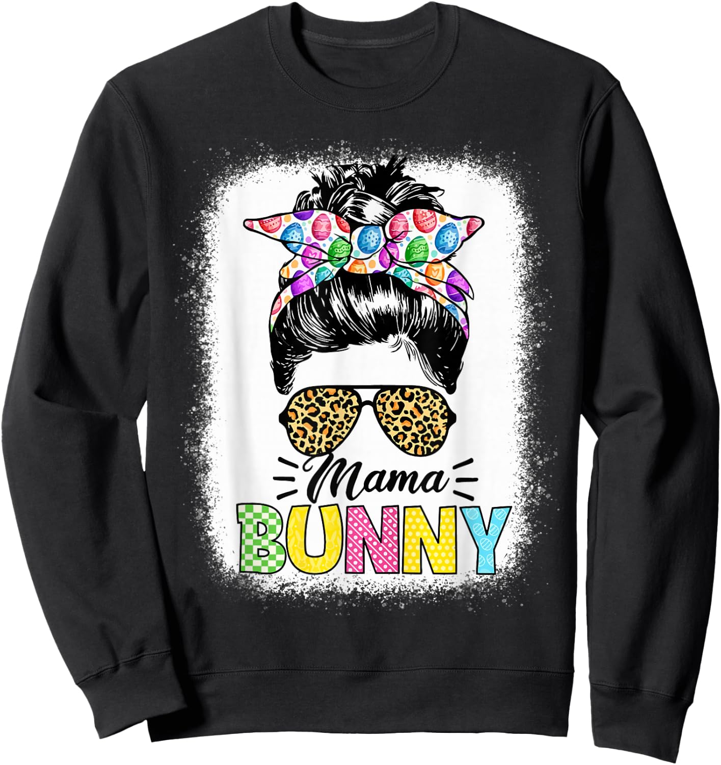 Mama Bunny Shirt Easter Mom Messy Bun Leopard Sweatshirt - Sweatshirt | Black