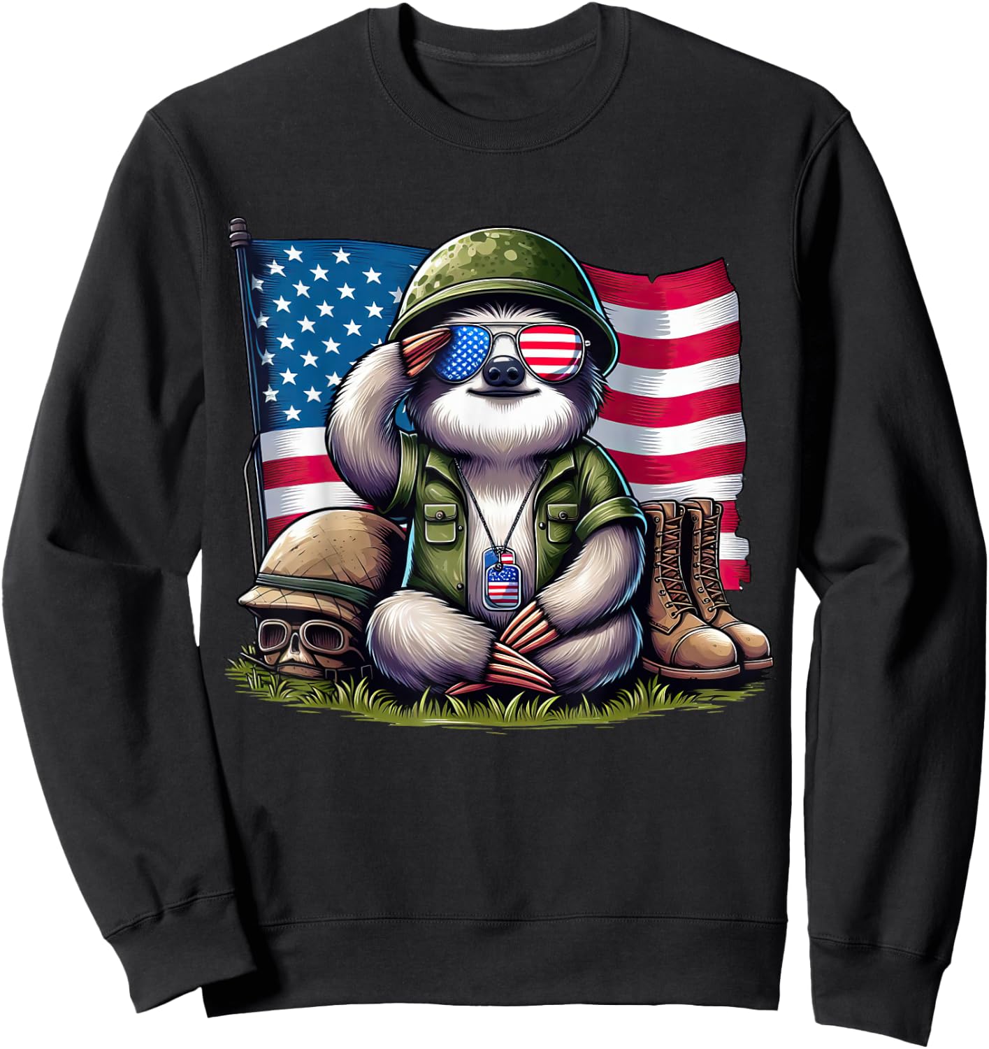 Salute Sloth American USA Flag Memorial Day 4th of July Sweatshirt - Sweatshirt | Black