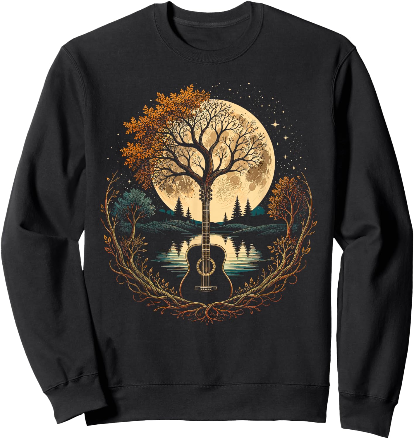 Acoustic Guitar Tree By The Lake Autumn Moon Sweatshirt - Sweatshirt | Black
