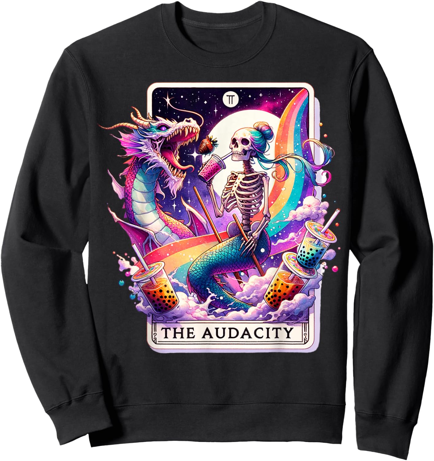 The Audacity Tarot Mermaid Skeleton Messy Bun Rainbow Boba Sweatshirt - Sweatshirt | Black