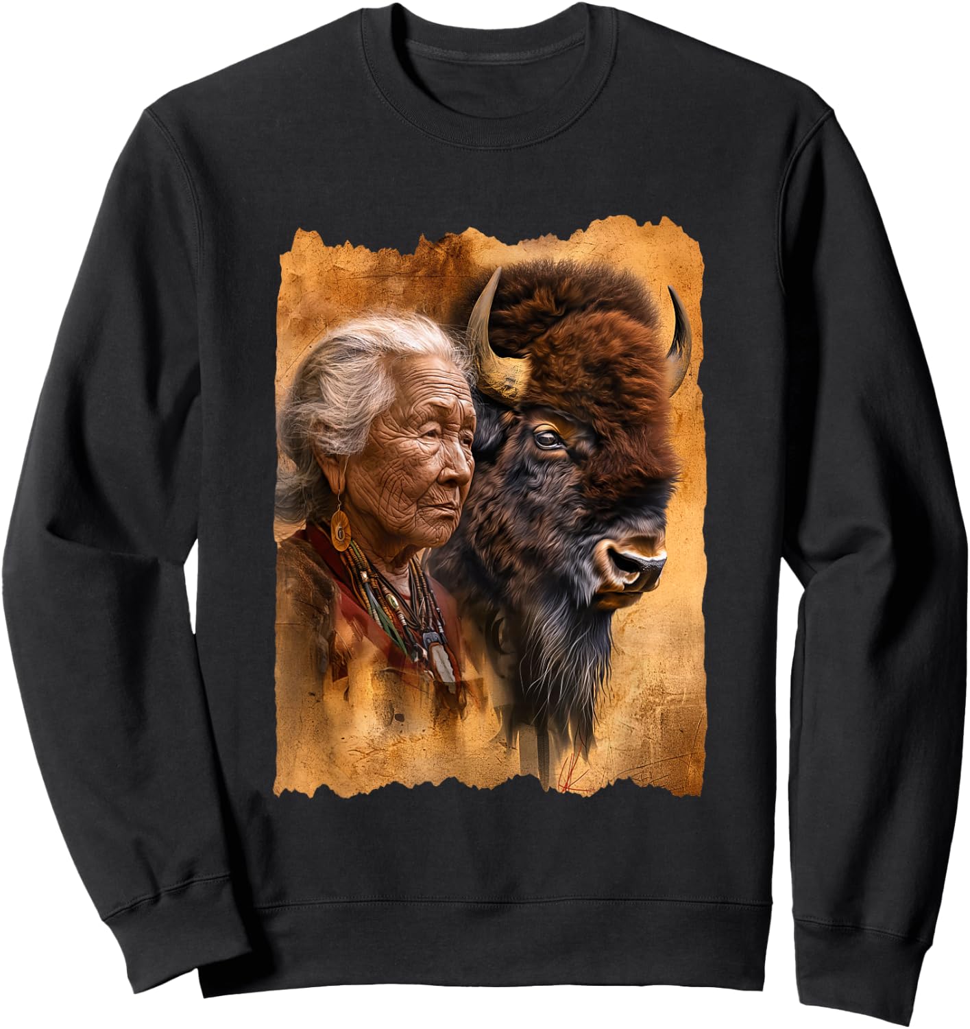 Native American Woman With Buffalo Or Bison Sweatshirt - Sweatshirt | Black