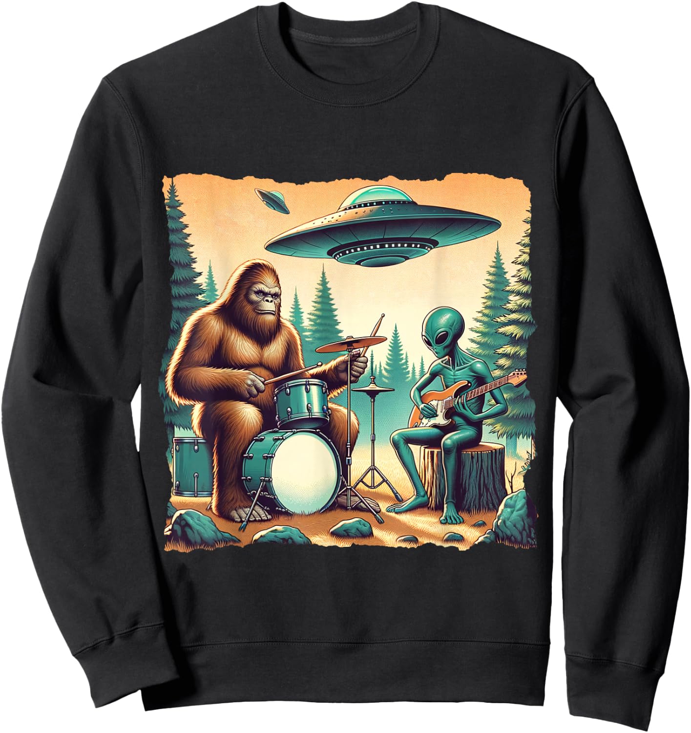 Funny UFO Alien and bigfoot lovers Bigfoot With Drums And Alien Playing Electric Guitar - -Adults, -Kids - Black - Small - Short Sleeve Sweatshirt - Sweatshirt | Black