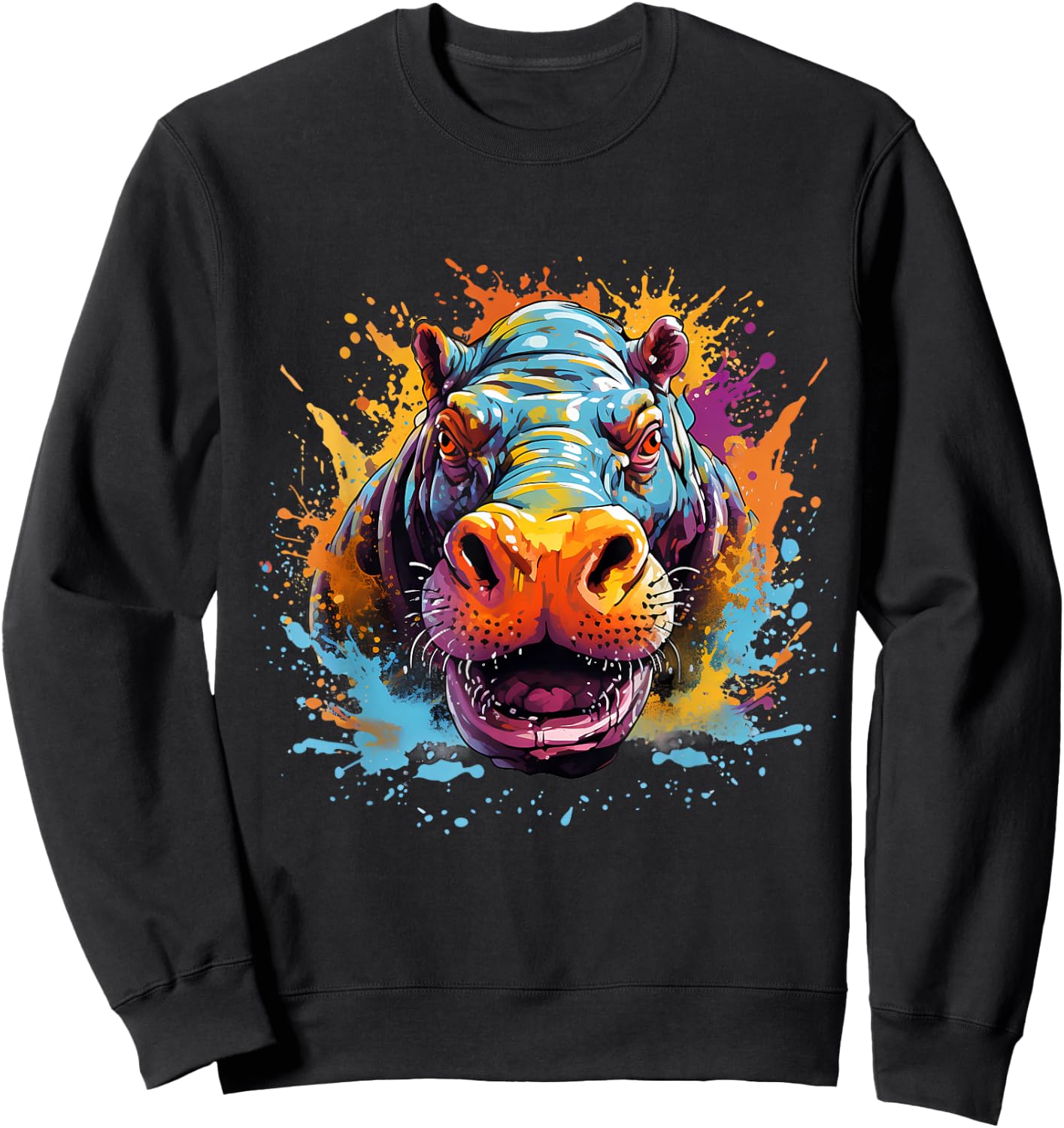 Hippo Hippopotamus Colourful Portrait Motif Artwork Splash Sweatshirt - Sweatshirt | Black