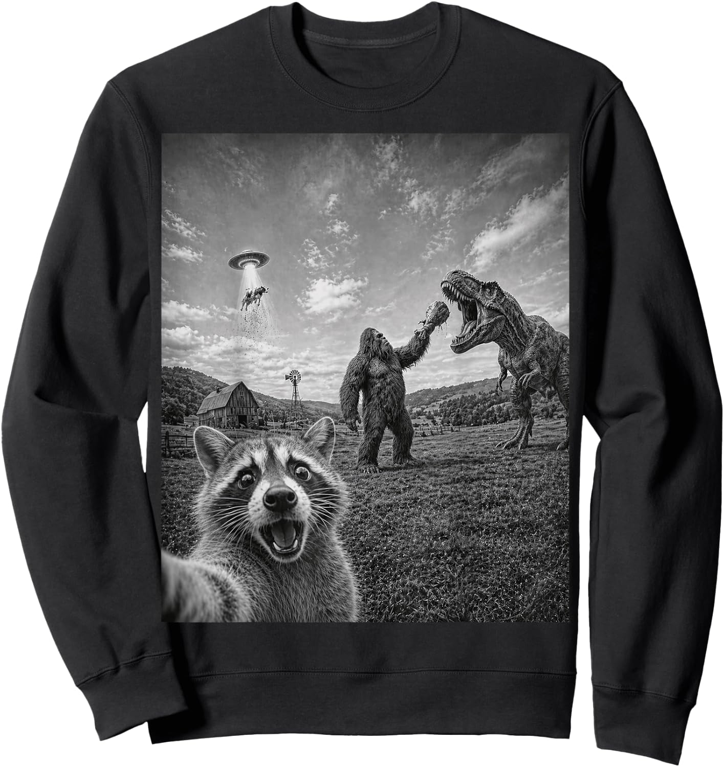 Funny Raccoon Selfie with Bigfoot T Rex Dinosaur and UFO Sweatshirt - Sweatshirt | Black