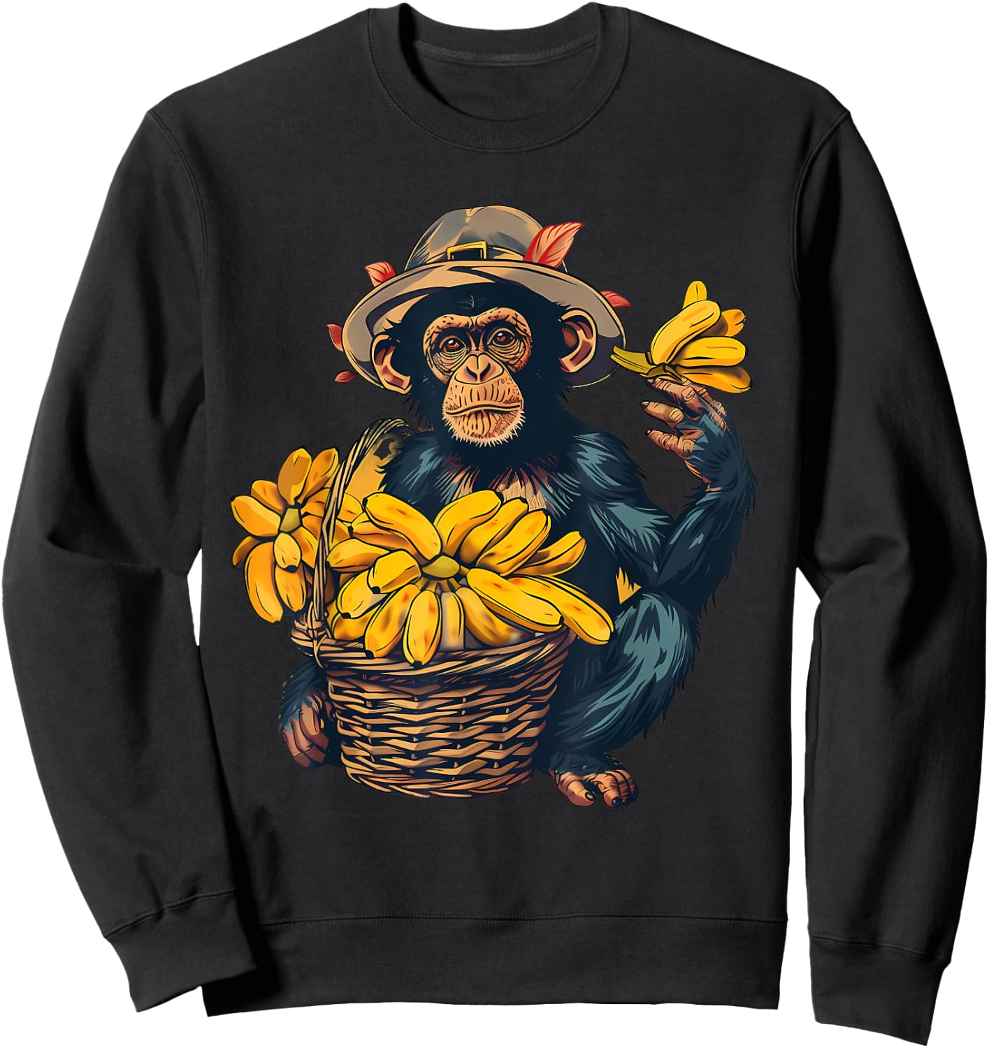 Banana Monkey Farmer Drawing Artwork Banana Fruit Sweatshirt - Sweatshirt | Black