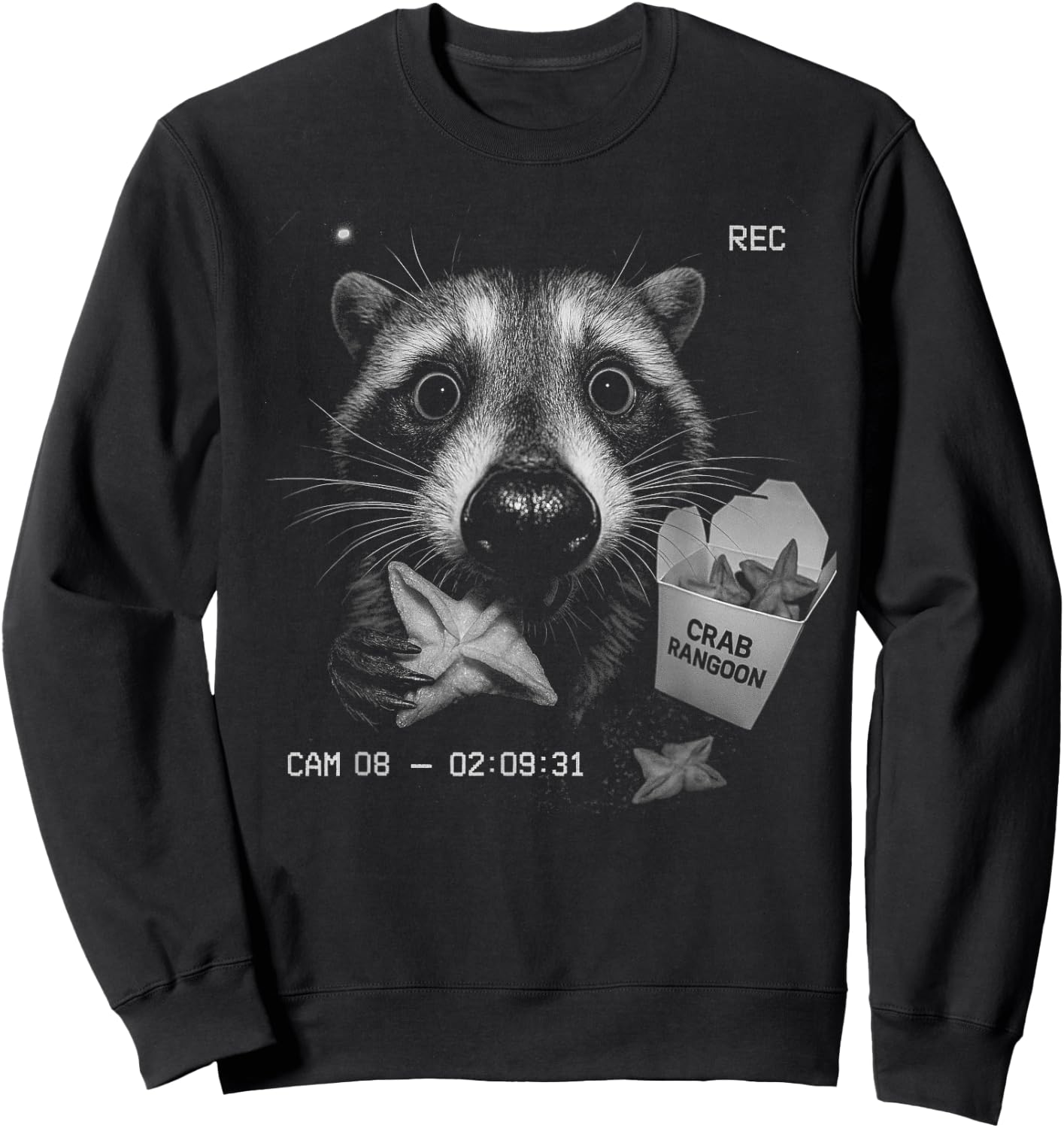 Funny Raccoon Eating Crab Rangoon Feral Security Camera Joke Sweatshirt - Sweatshirt | Black
